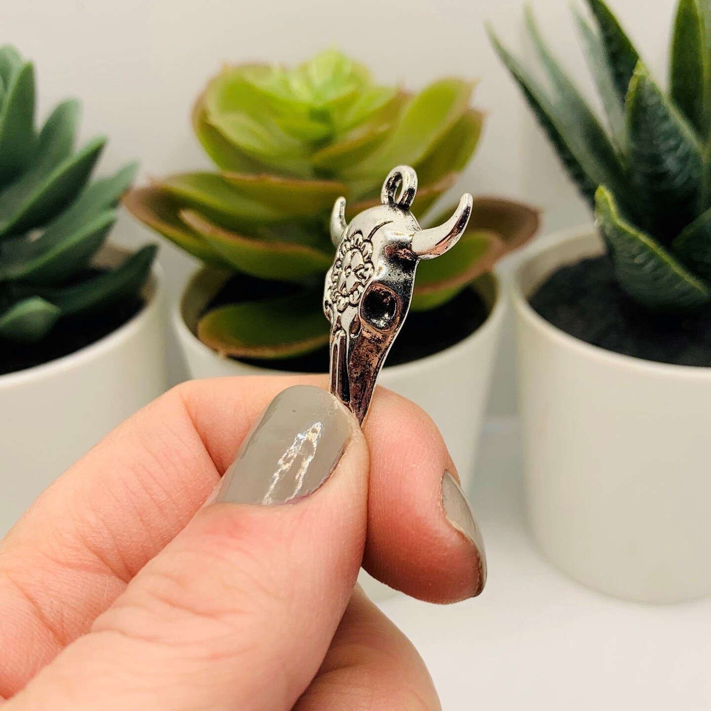 Silver Cattle Steer Skull Charms, 32x26mm