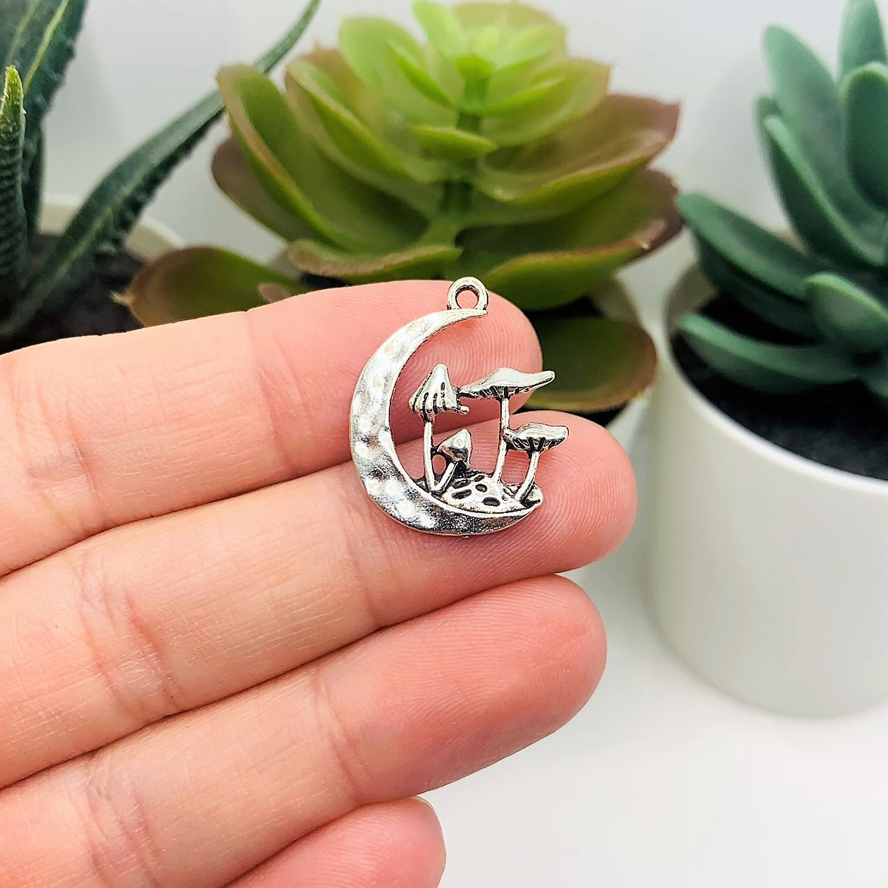 Silver Mushroom Pendant Charm in Moon, 22x18mm