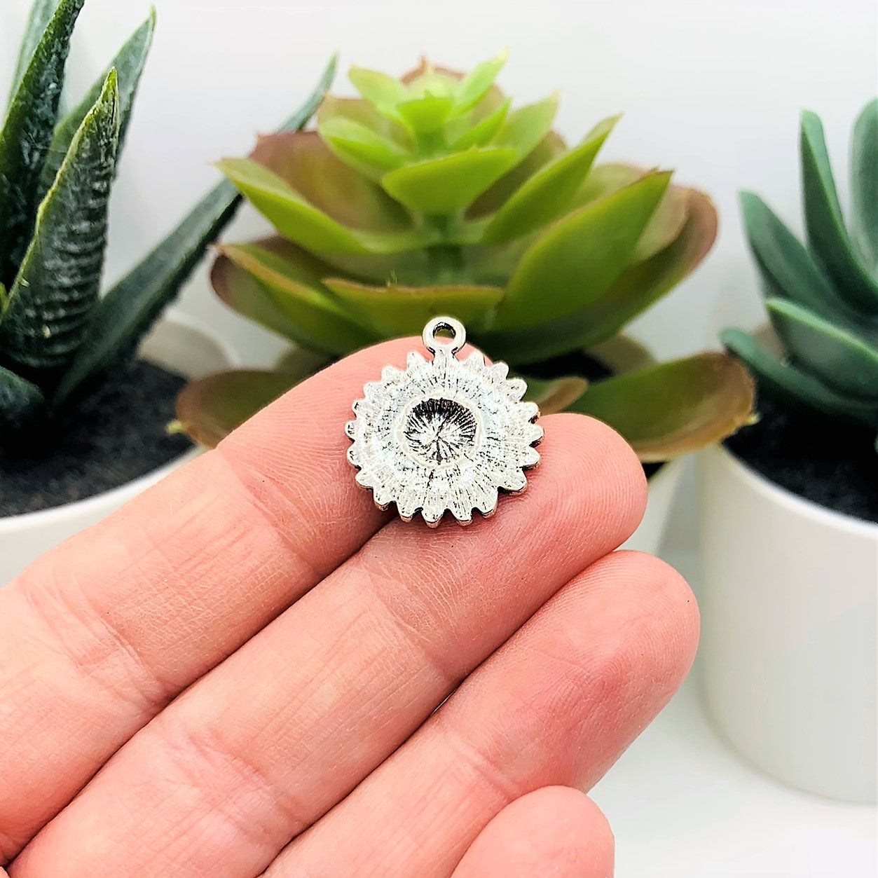 Small Antique Silver Sunflower Head Charms, 19x17mm