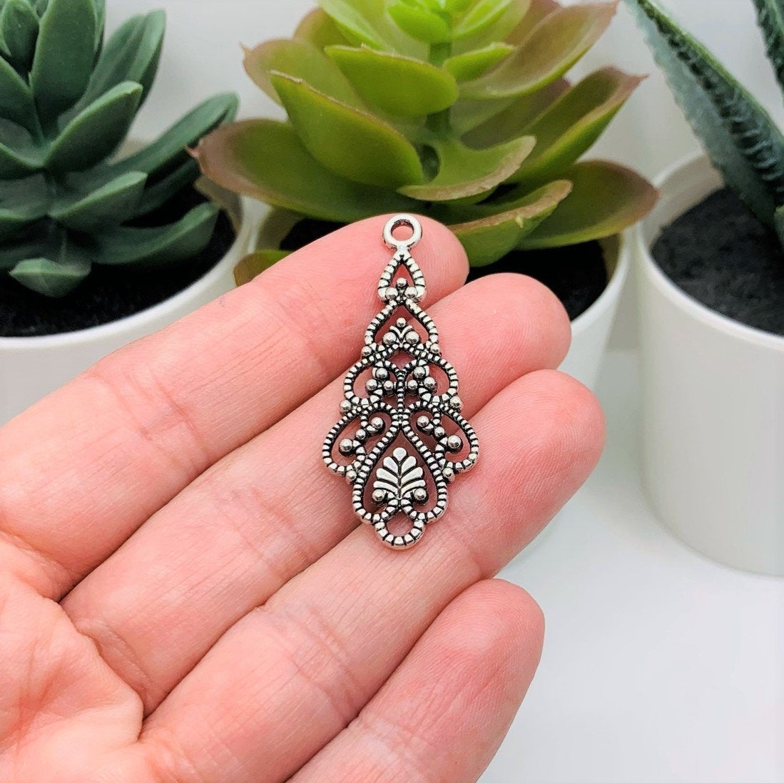 Antique Silver Filigree Teardrop Pendants, 42x18mm