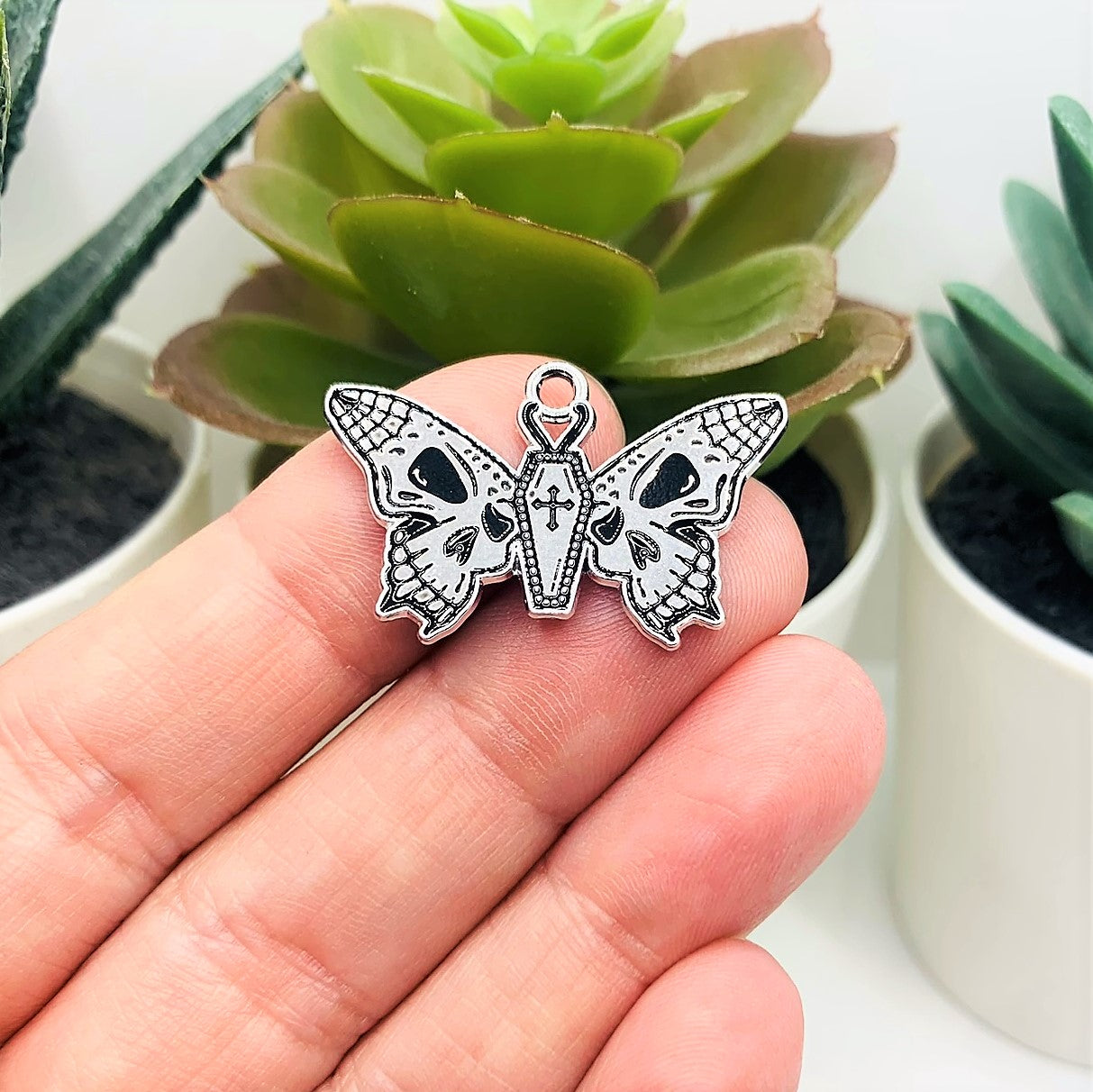 Silver Moth Coffin with Skulls Charms, 20x30mm