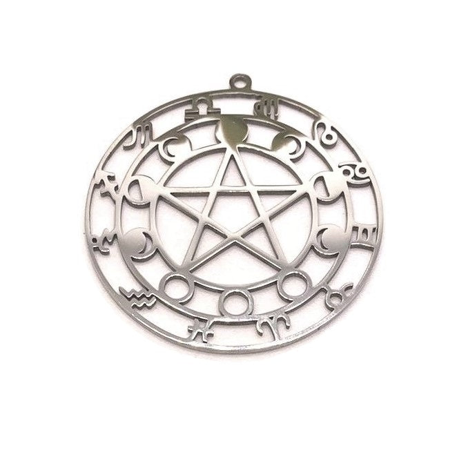 Stainless Steel Zodiac and Moon Phases Pentacle Pendant, 37x35mm