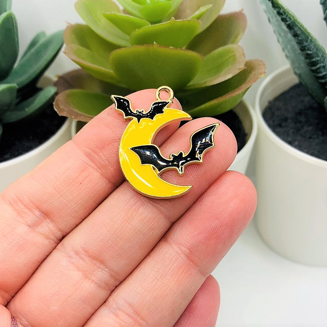 Enamel Crescent Moon and Bat Halloween Charms, 25x24mm