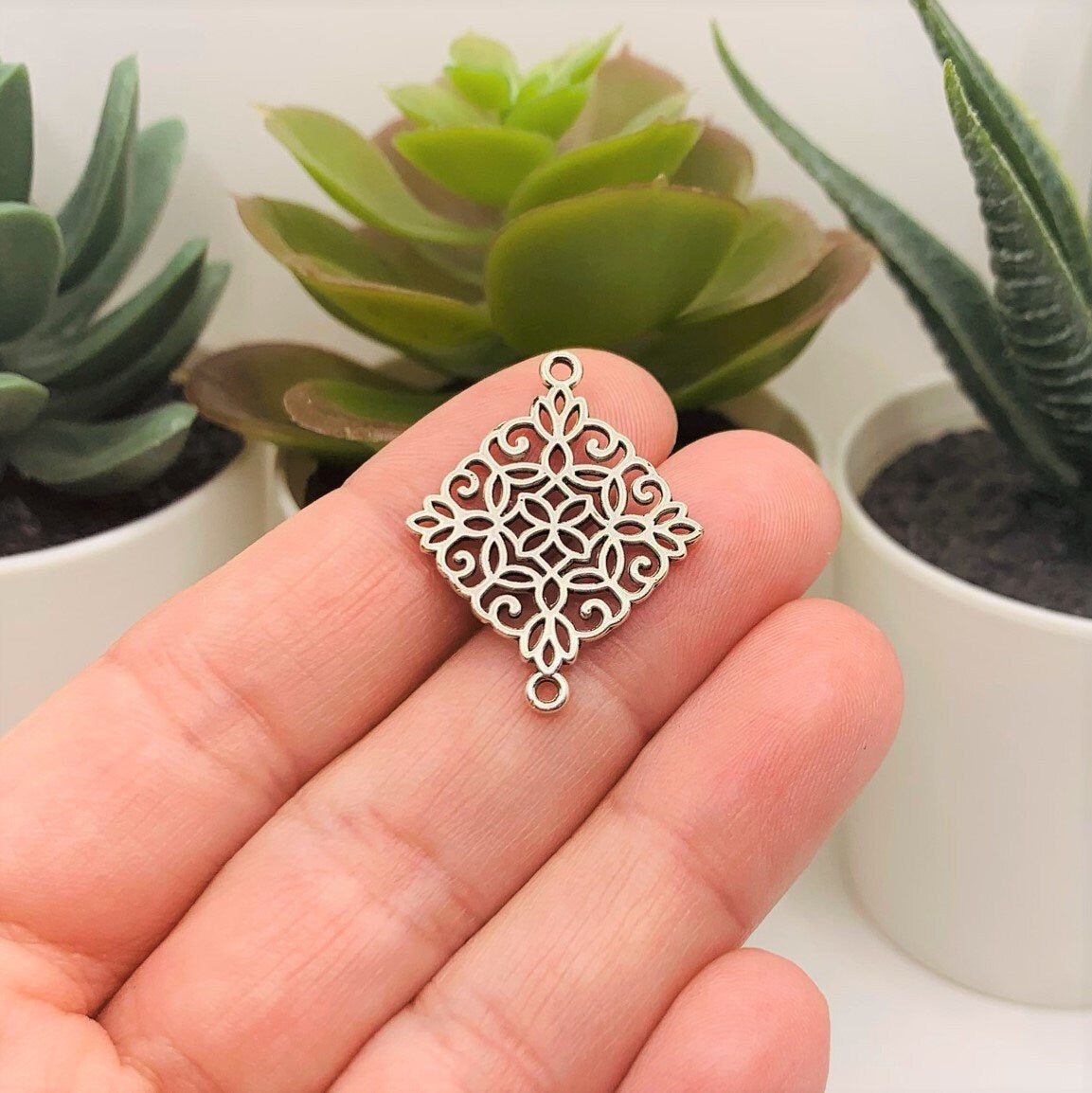 Silver Filigree Rhombus Connector Charms, 28x22mm