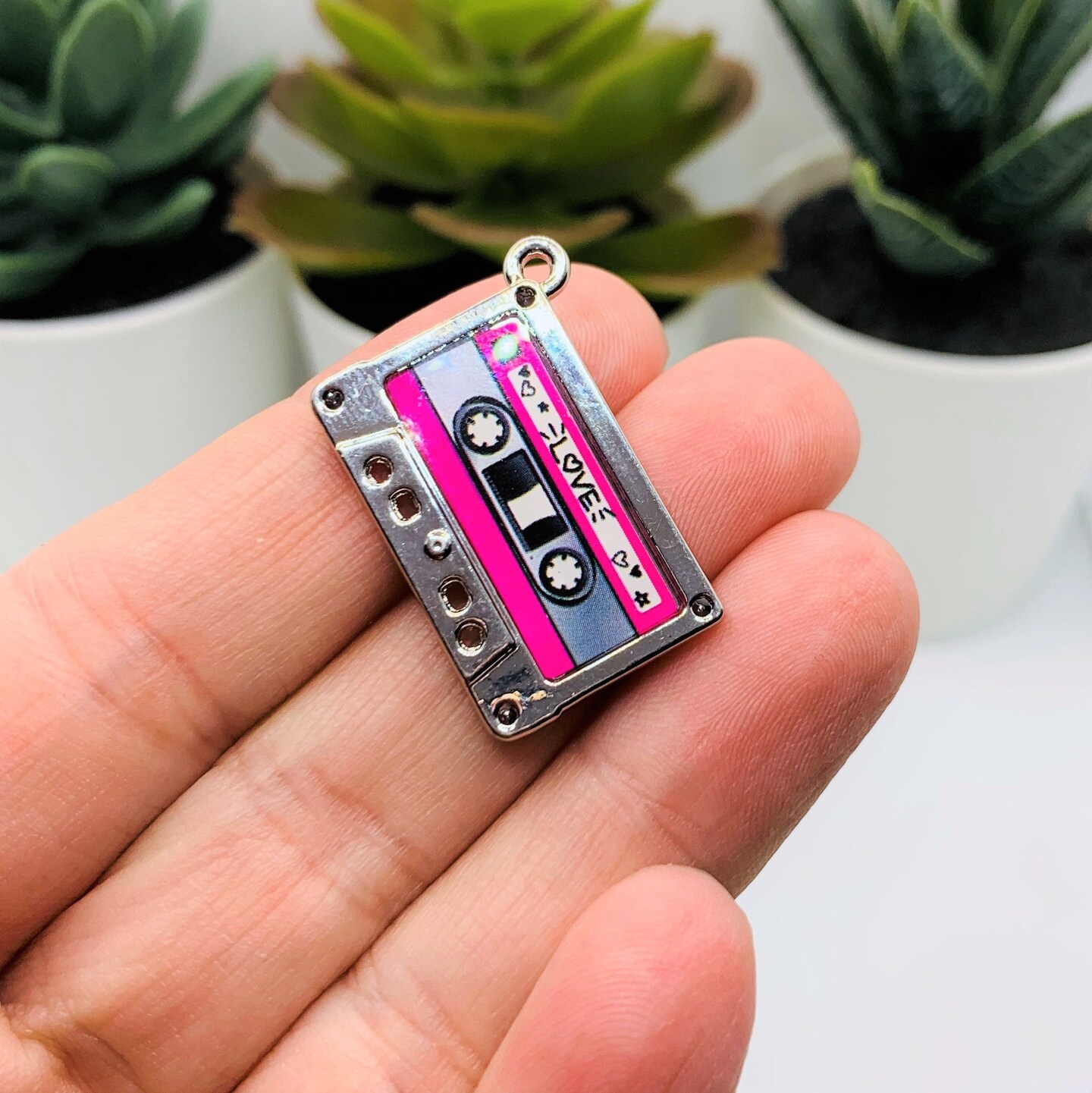 Pink and Silver 80&#x27;s Cassette Charms, 29x19mm