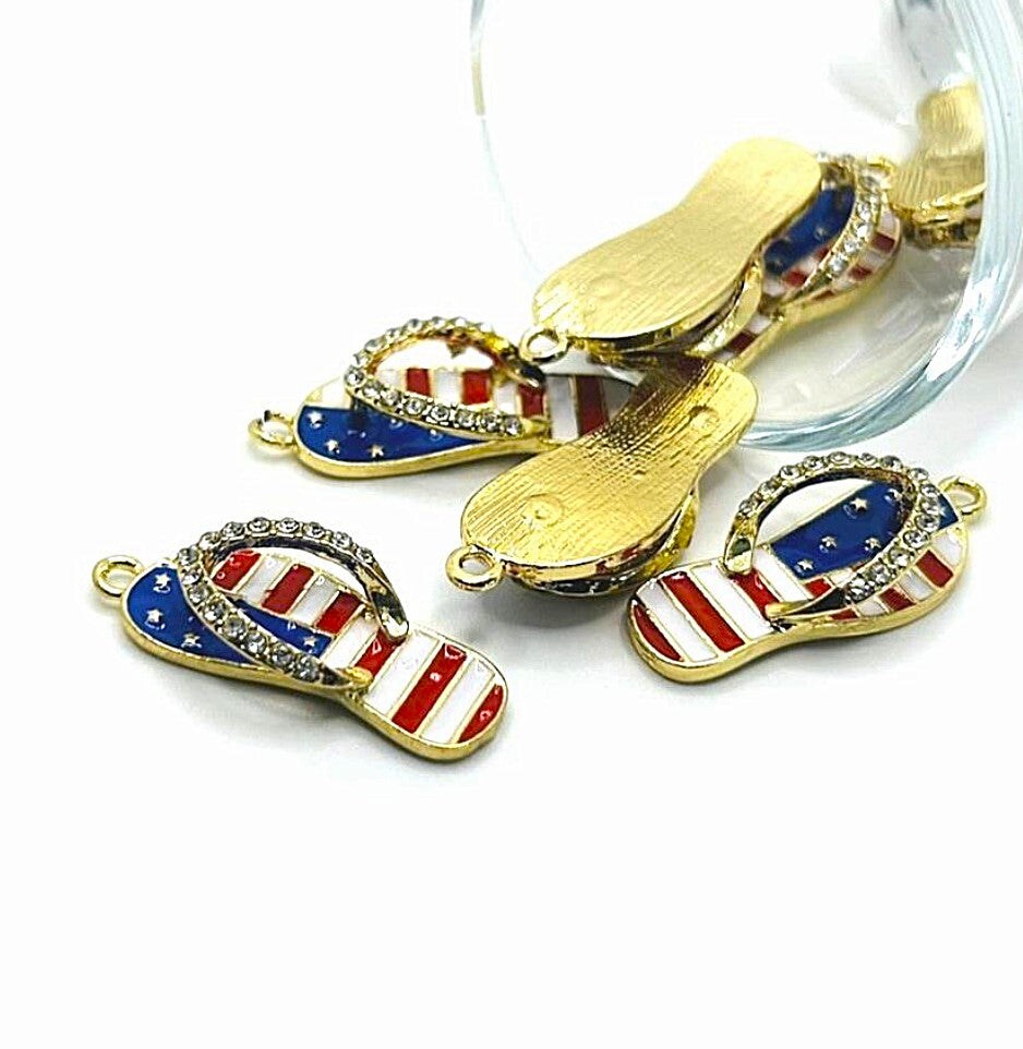 Red White and Blue Enamel Gold Plated Flip Flop Sandal 3D Charms with Rhinestones, 33x12mm