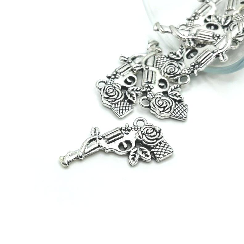 Silver Gun and Rose Charms, 33x16mm