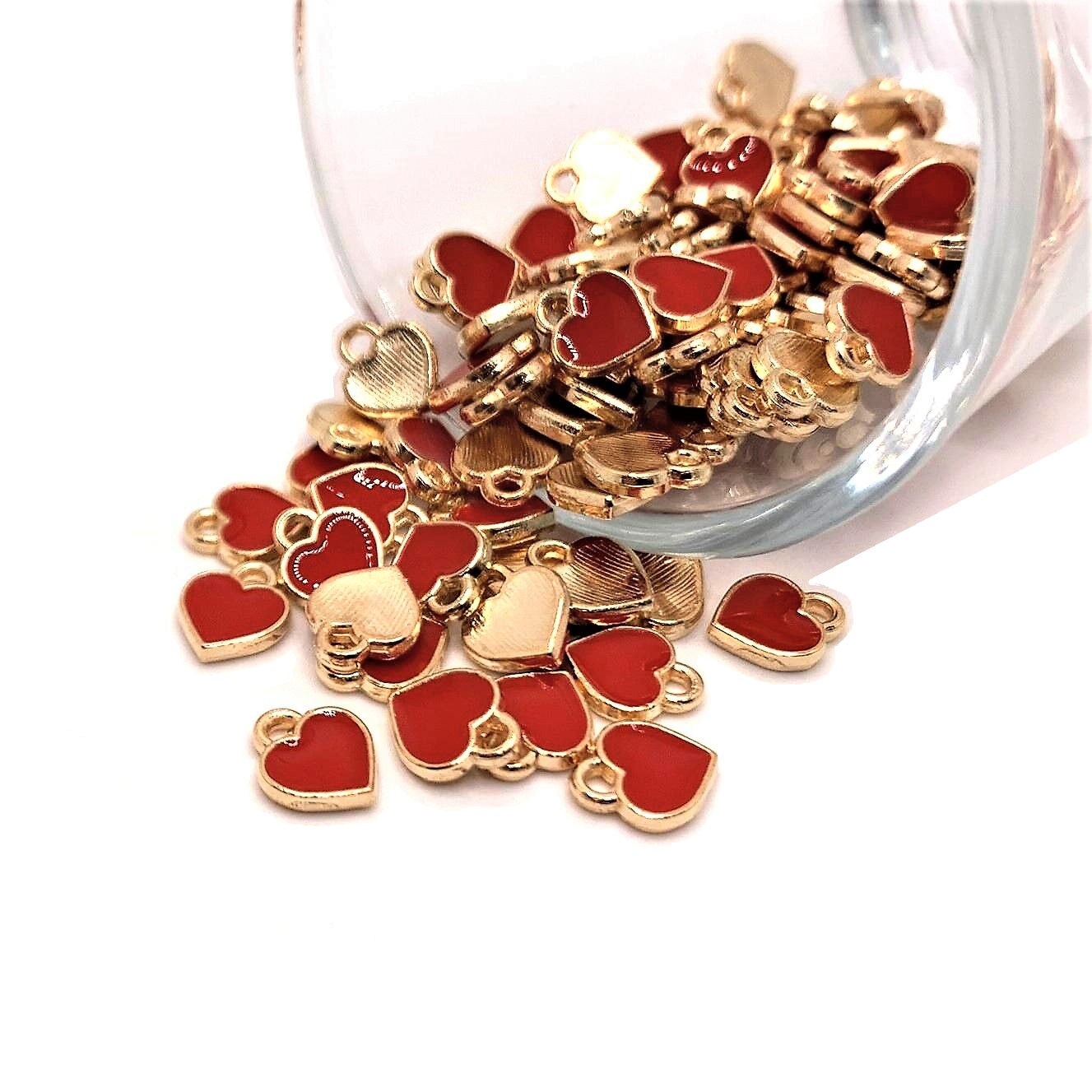 Tiny Red and Gold Enamel Heart Charms, 8x7mm