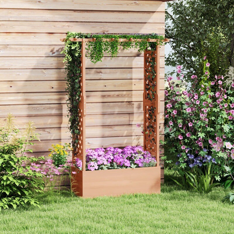 Elegant Raised Garden Bed with Arch Trellis and Pergola Roof