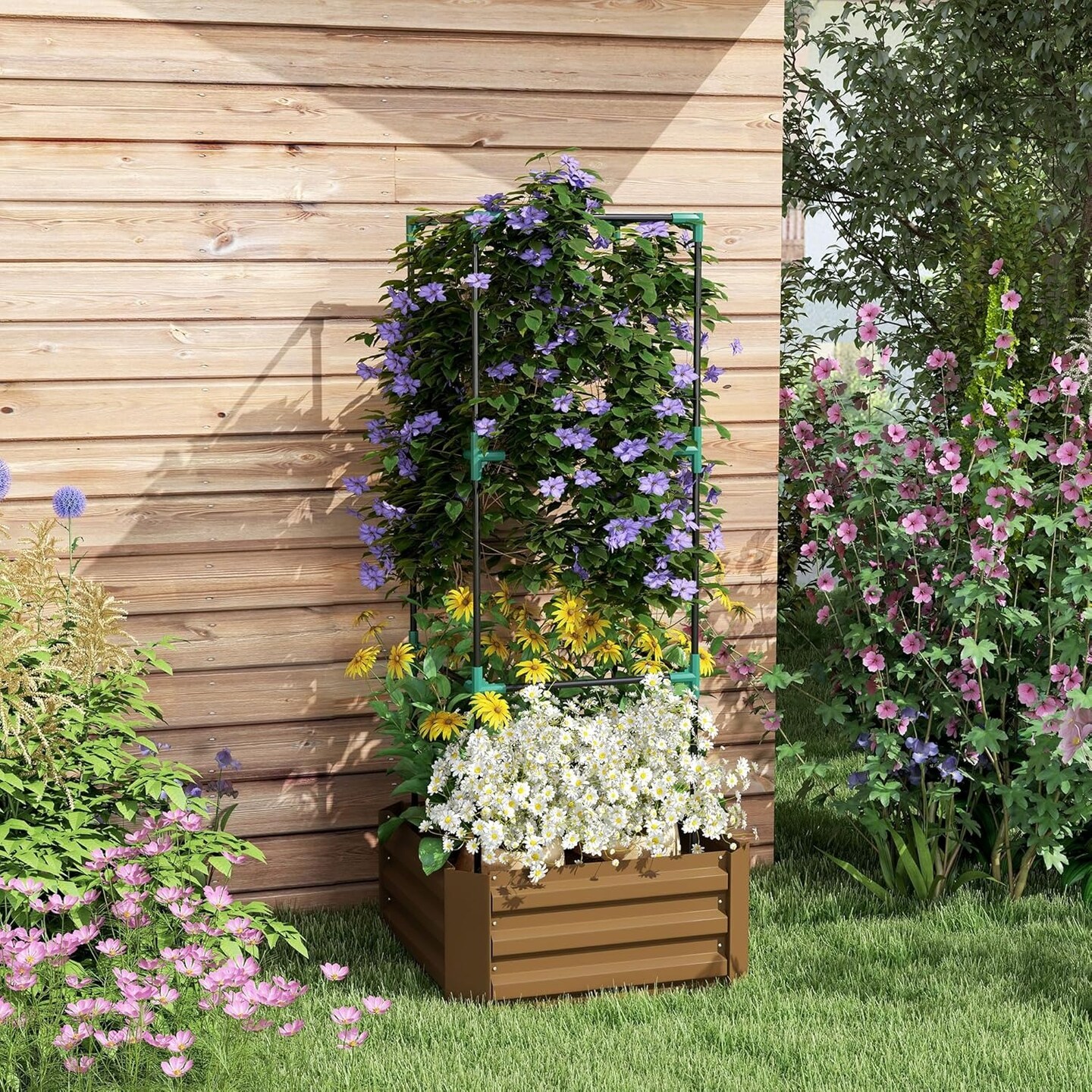 Galvanized Raised Garden Bed with 3-Tier Trellis
