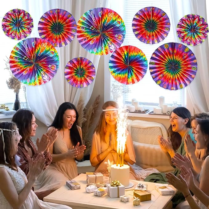 9 Pcs Tie Dye Party Supplies Groovy Hippie Hanging Paper Fans Classroom Decoration 60s Party Ceiling Wall Decor Fans Peace and Love Sign for Carnival Hippie Groovy Theme Birthday Ceiling