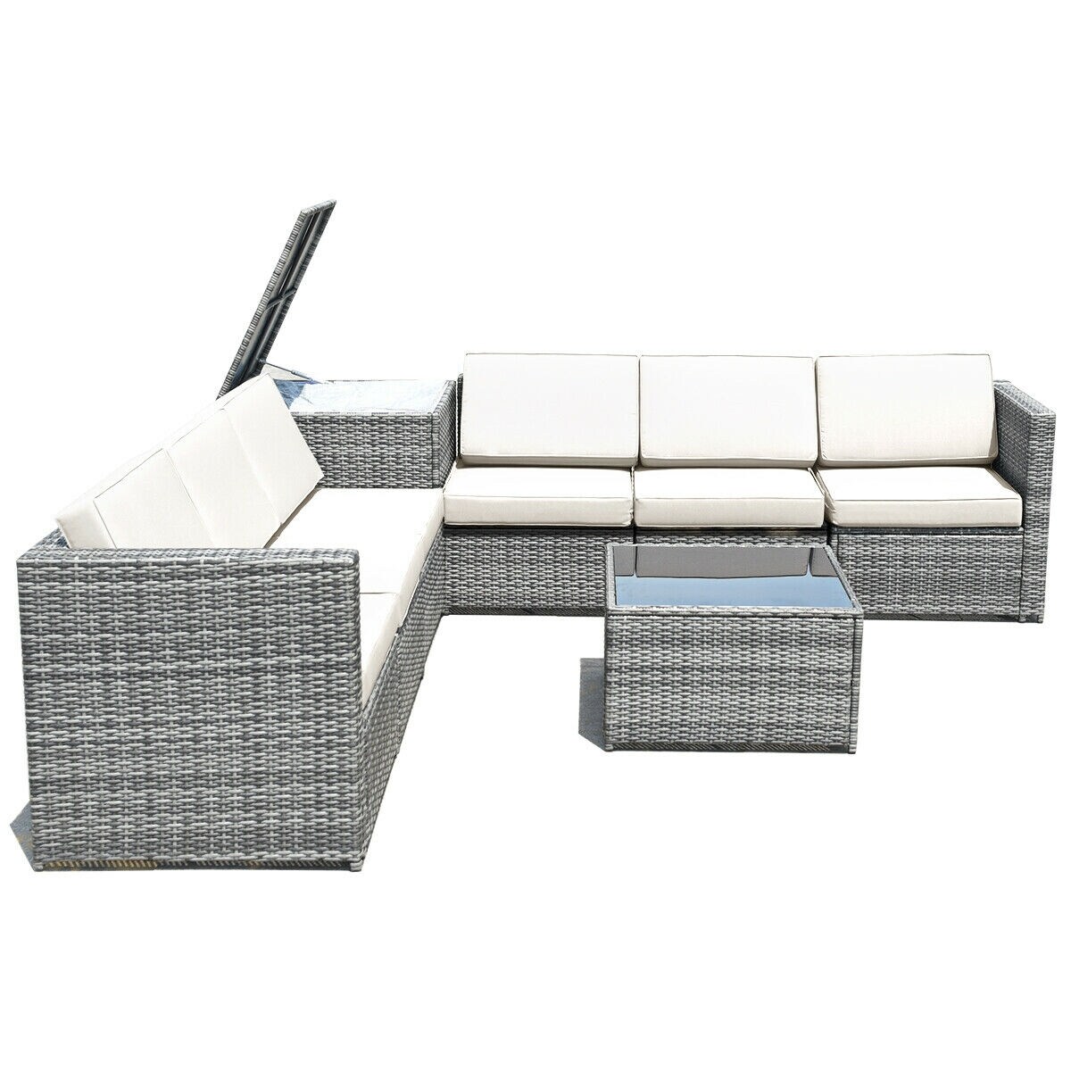 8-Piece White Wicker Patio Furniture Set with Cushions, Steel Frame and Tempered Glass Table for Outdoor Use