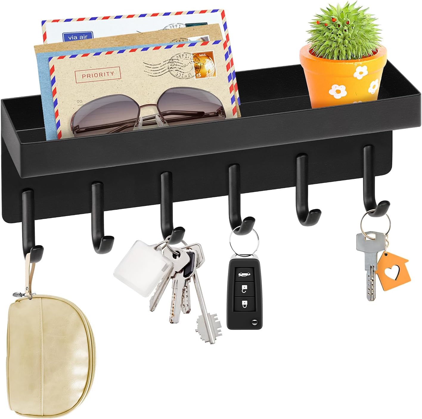 Key Holder Wall Mount, Compact Adhesive Key Rack with Tray, 6 Hooks, 2 Mount Options, Black
