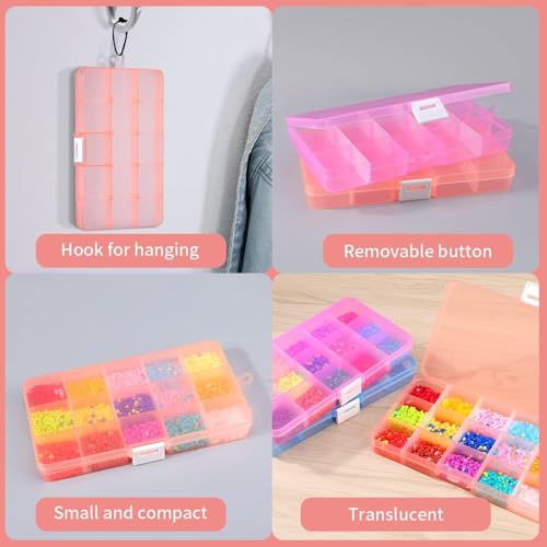 15 Girds Bead Organizer(4 Pack), Earring Organizer Box, SMALL Plastic Containers with Adjustable Dividers for Crafts Jewelry Screws Fishing Tackles Small Items, Size 6.9&#xD7;3.9&#xD7;0.9in