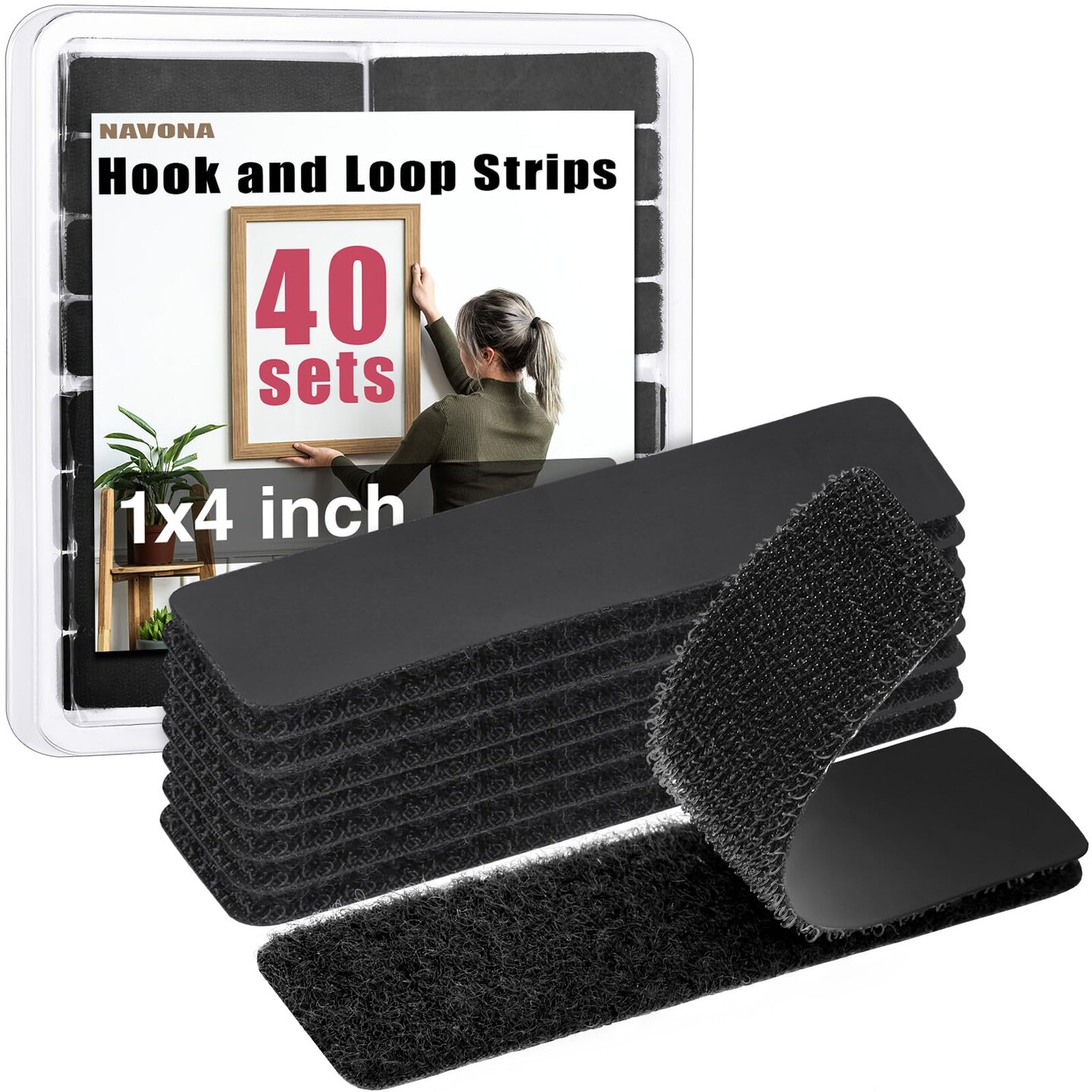 40Sets-1x4 inch Hook&#x26;Loop Strips with Adhesive, Black Command Strips with Backing, Heavy Duty Adhesive Fasten Mounting Tape for Home Office School and Crafting