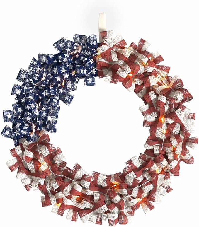 Patriotic Burlap Wreath: American Flag Wreath for Front Door, Red White and Blue Decor with Stars Stripes and Timer-Equipped Light Strip for 4th of July Memorial Day Veterans Day