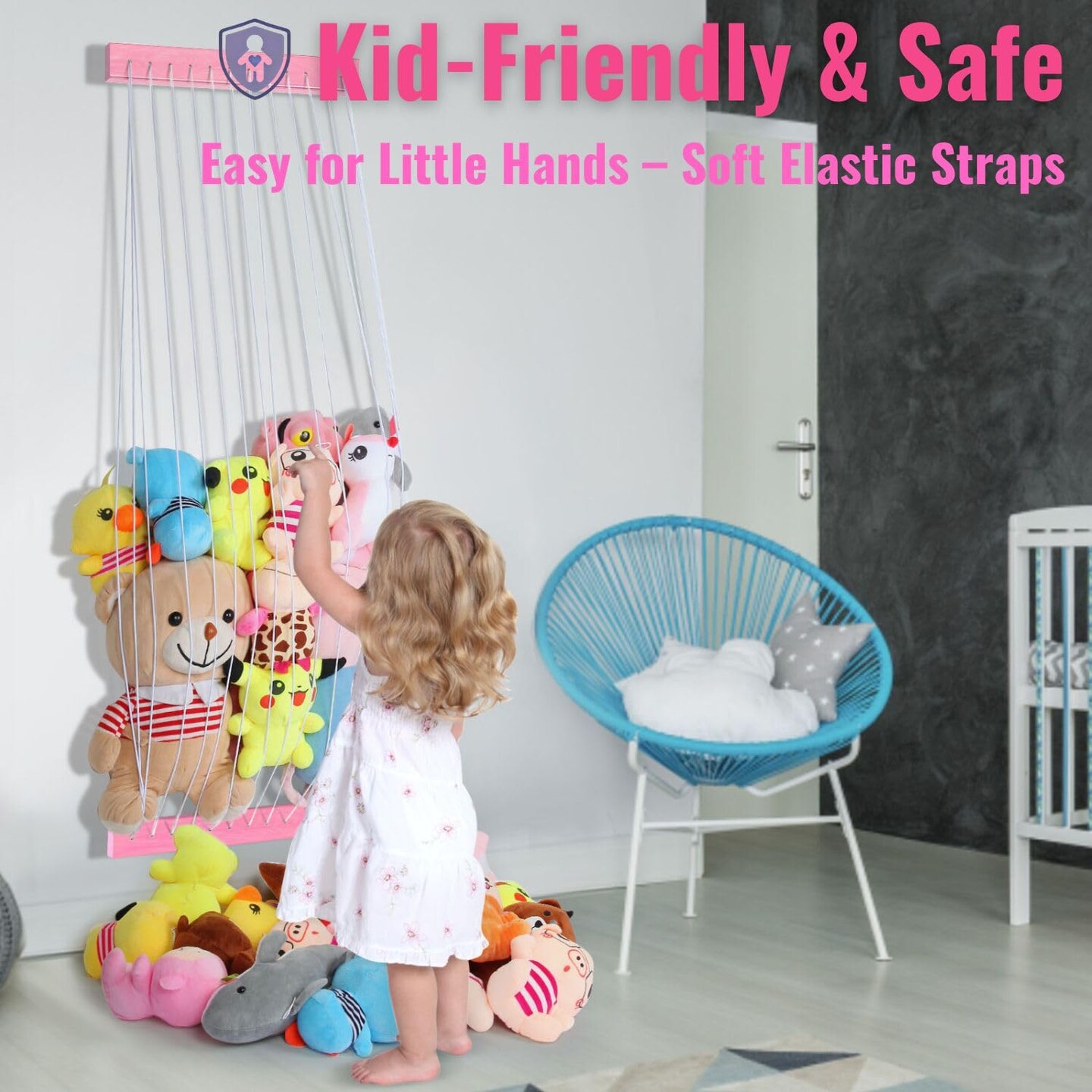 Stuffed Animal Storage Wooden Soft Toy Storage for Kids Room&#xFF0C;Wall Mount Door Hanging Stuffed Animal Toy Organizer Shelf for Nursery Play Room Pink -Patent