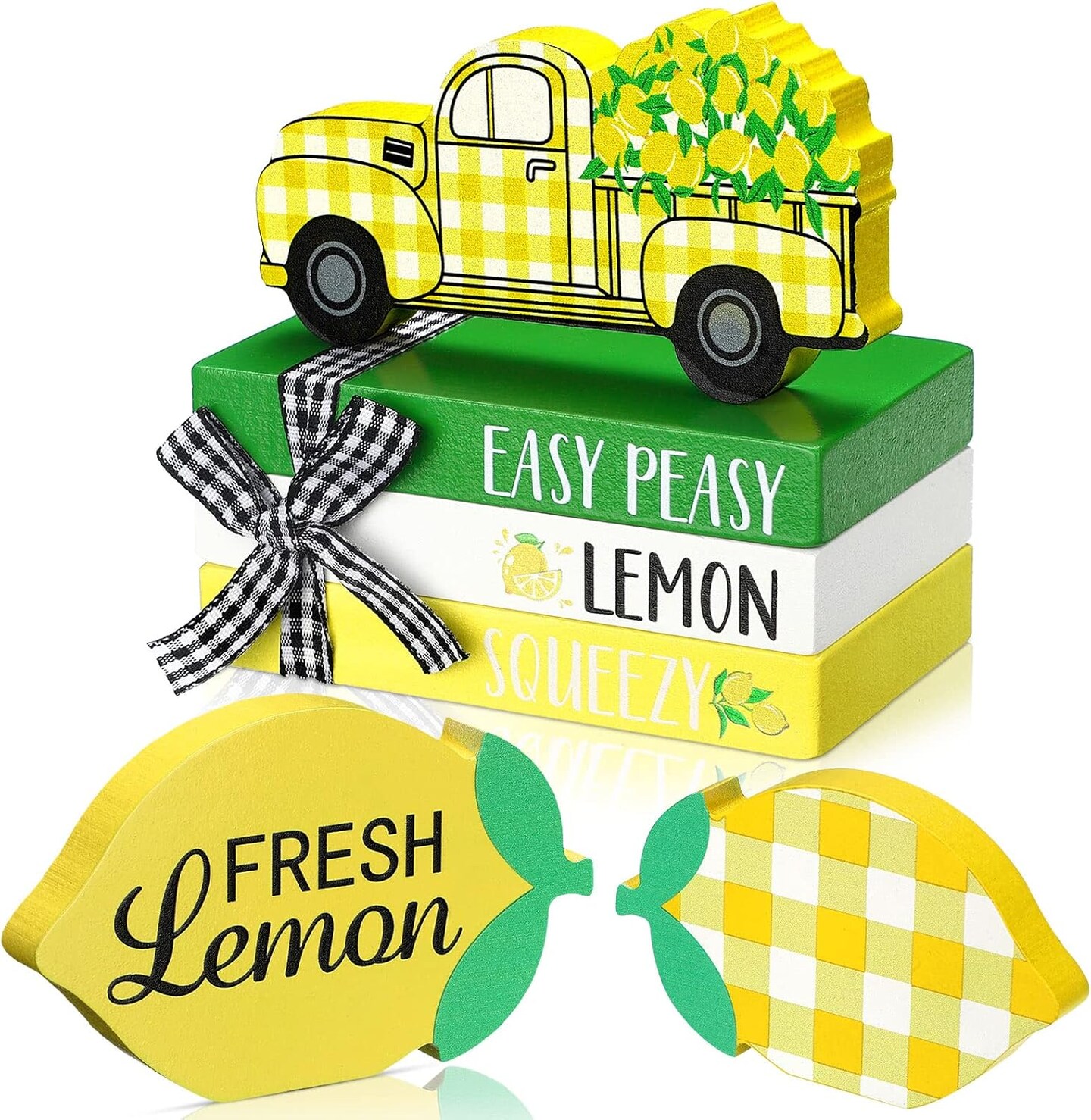 5-Piece Summer Lemon Table Decor Set – Mini Wooden Book Stack with Twine & Wood Truck Sign for Kitchen, Shelf, Tabletop, and Tiered Tray Centerpieces