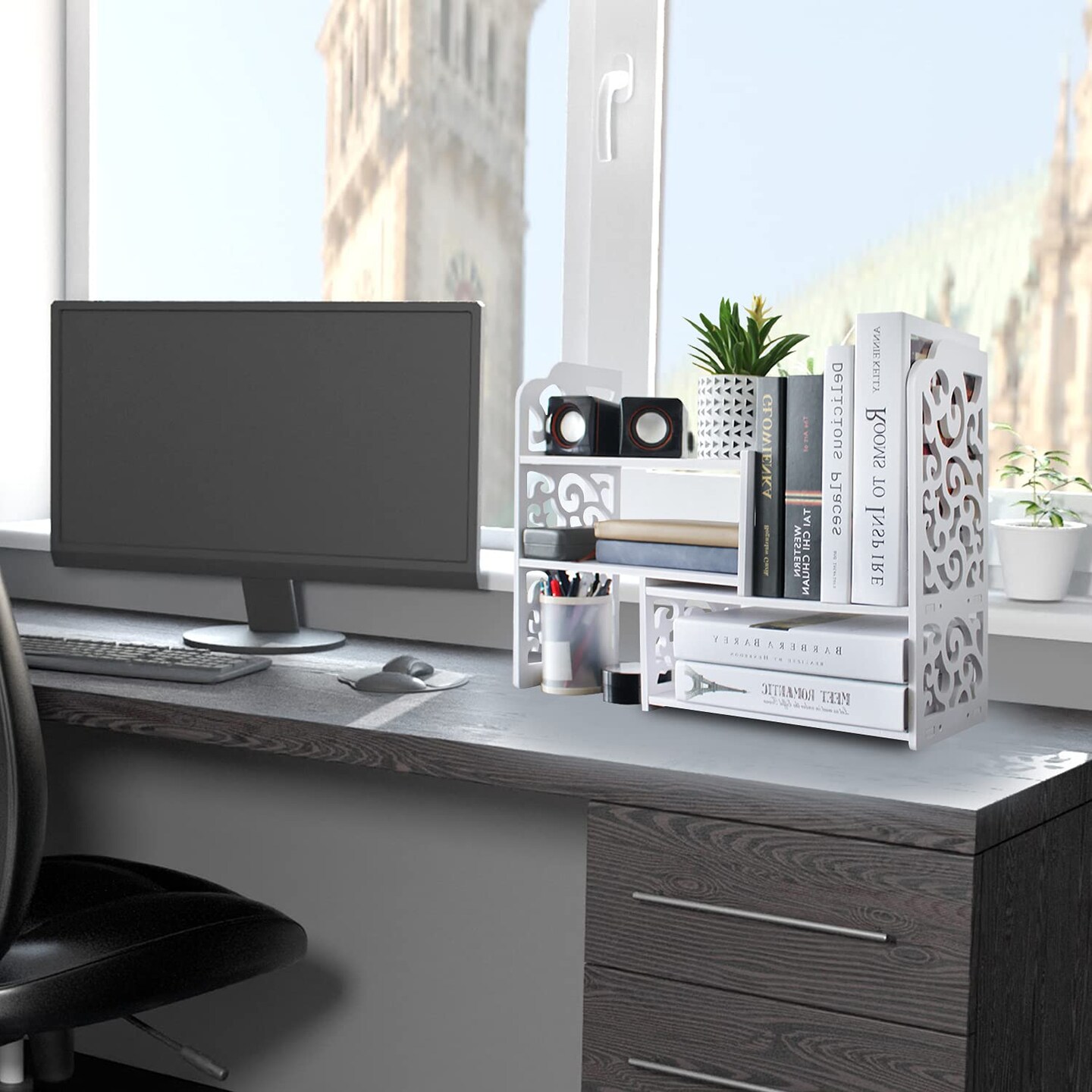 Small Bookshelf for Desktop Storage, Mini Cute Office Desk Shelves White Versatility Organizers for Women, Kids