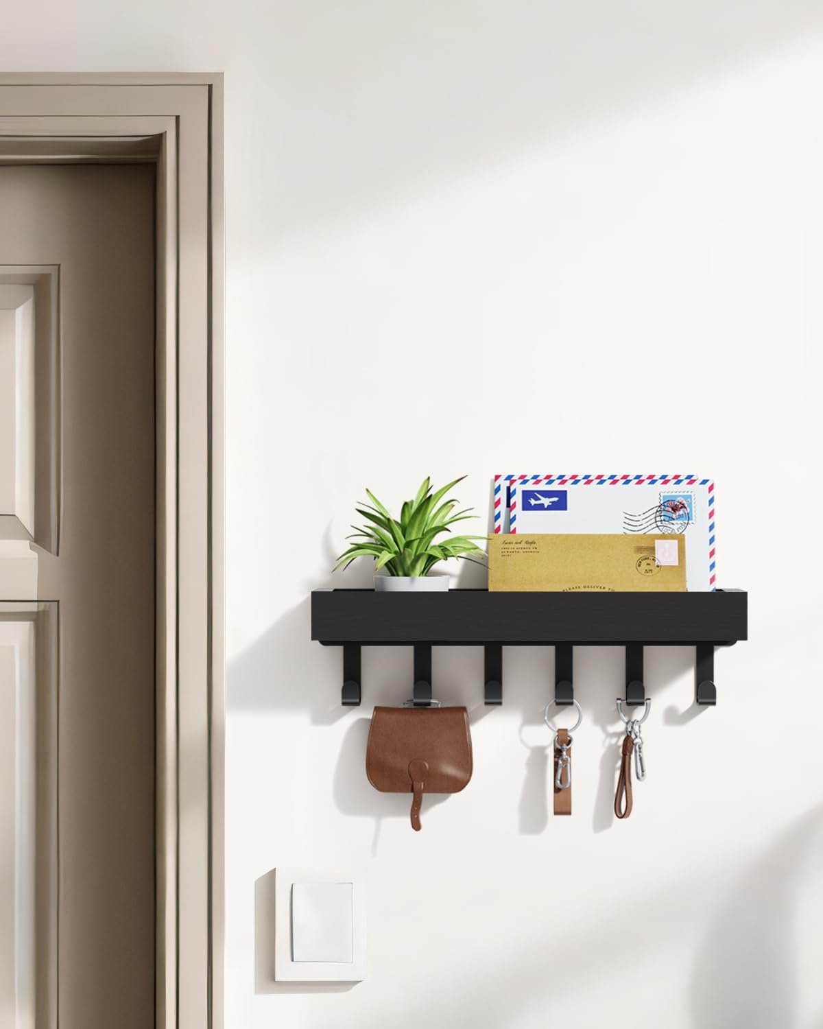 Magnetic Wall Key Holder – Adhesive Key Hooks with Mail Organizer Shelf, Black Hanging Rack for Keys, Wallets, and Home Accessories, Entryway, RV, or Camper Decor