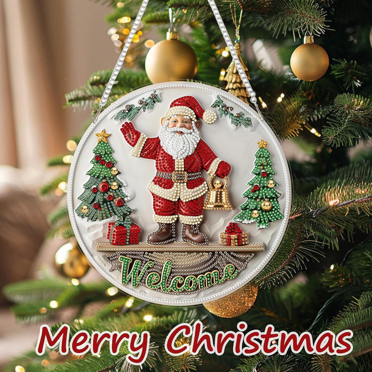 Hanging Diamond Art Ornament Kit Welcome Sign, Special Crystal Double Sided Diamonds Painting Pendant Kit for Adults Santa Claus, DIY Acrylic Gem Painting Board Kit