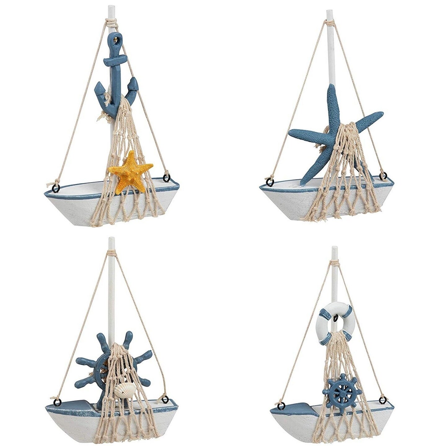 Set of 4 Mini Wooden Sailboat Models for Beach Nautical Home Decor, Miniature Boat Decorations