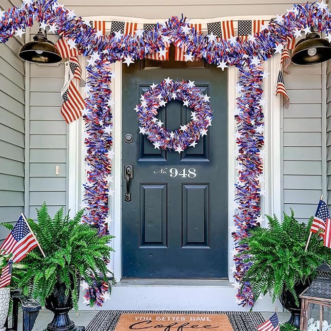 33FT 4th of July Garland, Red White and Blue Patrioic Star Metallic Tinsel Garland for Independence Day, Memorial Day and Veterans Day Decorations