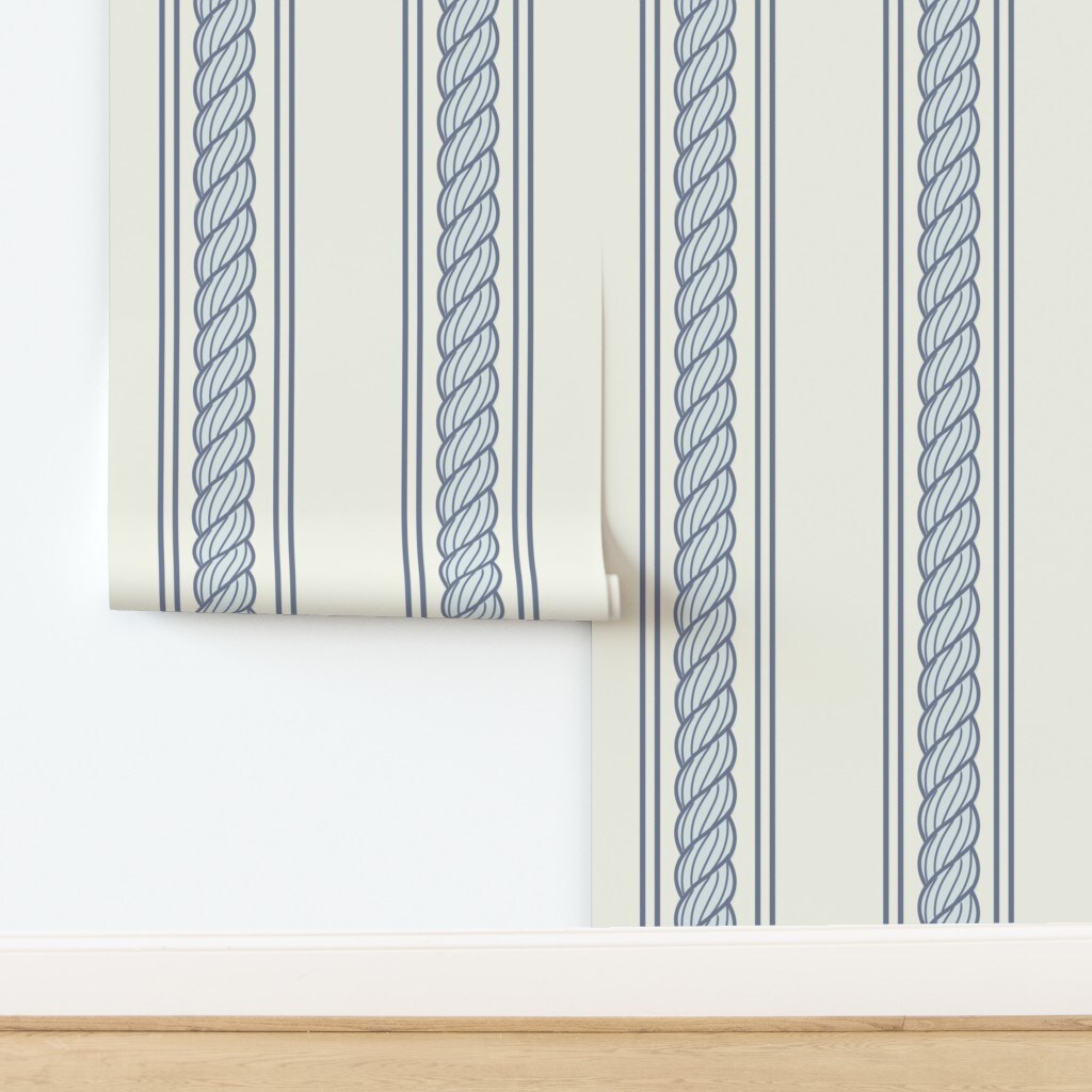 Coastal Preppy Stripe Grandmillennial Rope Nautical Beach Ocean House Grandmother Classic Traditional Jumbo Scale Blue Fishermancore Cape Cod Custom Pre-pasted Wallpaper by Spoonflower Pre-Pasted Wallpaper 2FT Wide