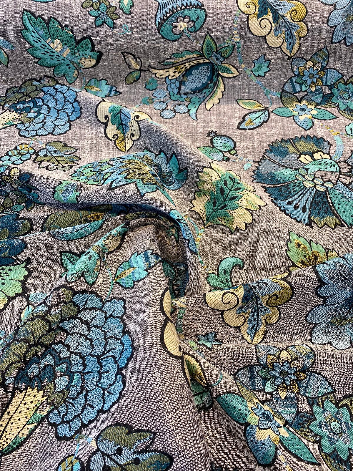 1 Yard Jacobean Blue Green Floral Drapery Upholstery Fabric Polyester 100% Backed 58 Inch Width
