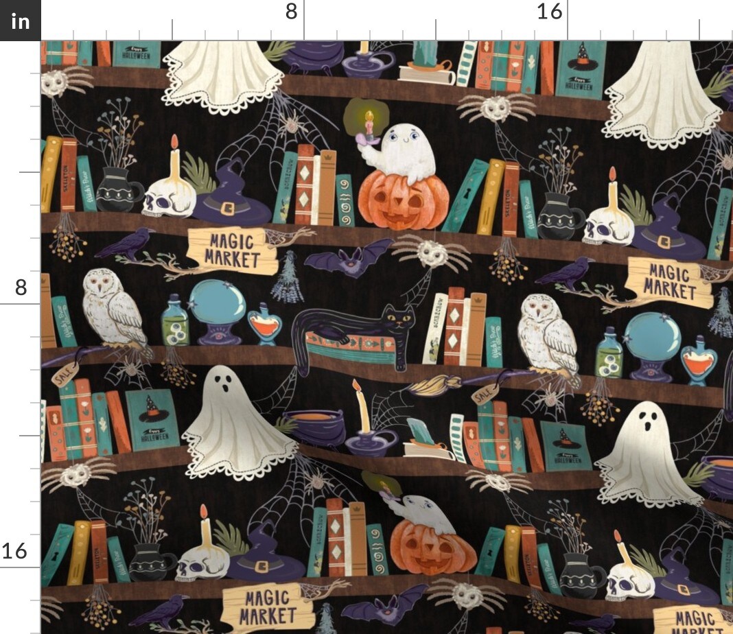 Spooky Halloween Black Cats Ghosts Pumpkins Witchy Books Spiders Skulls Custom Printed Fabric by Spoonflower Various Fabrics by the Yard or Fat Quarter