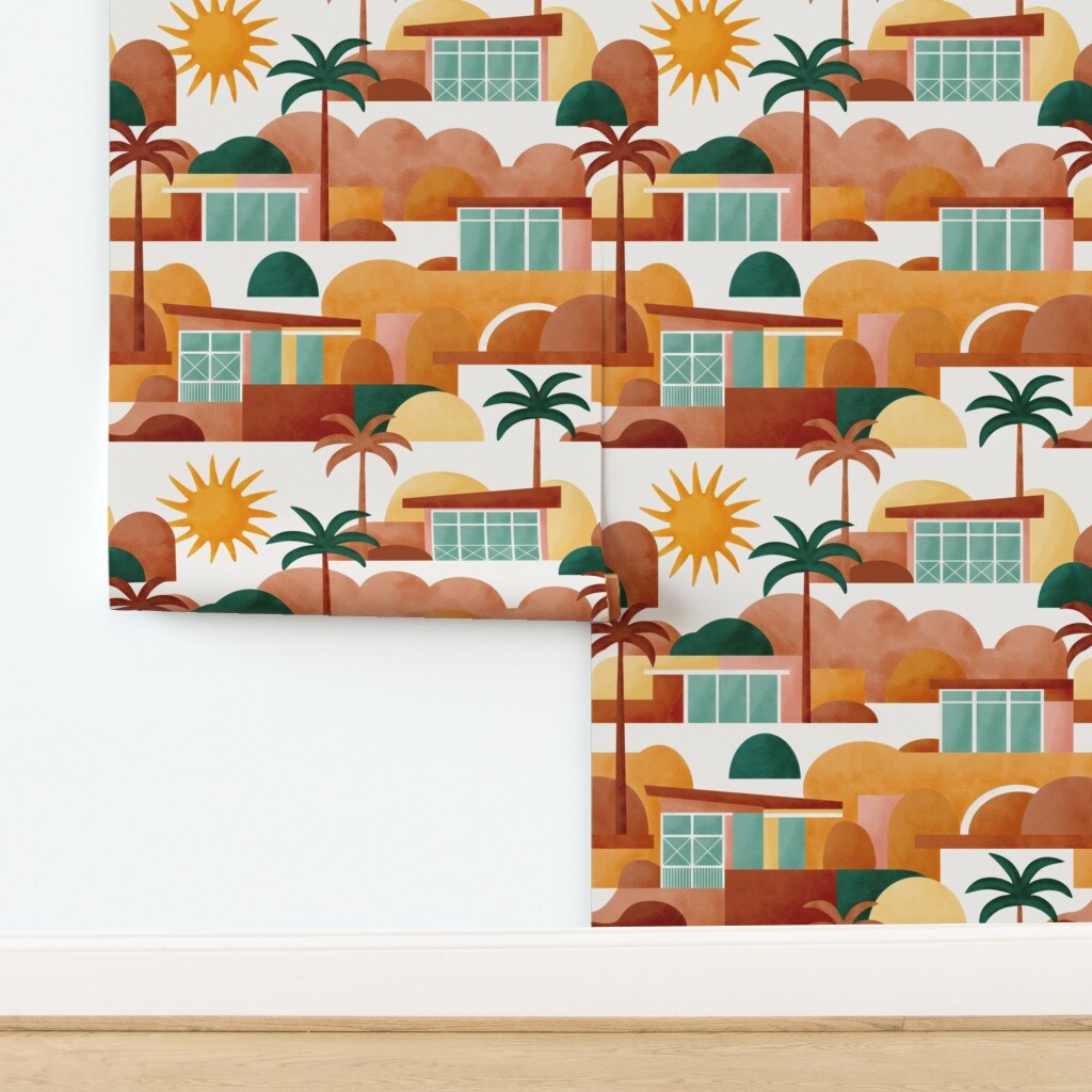 Retro Mid Century Sunset Palm Trees Desert Springs Custom Removable Wallpaper by Spoonflower Peel & Stick Wallpaper 2FT Wide
