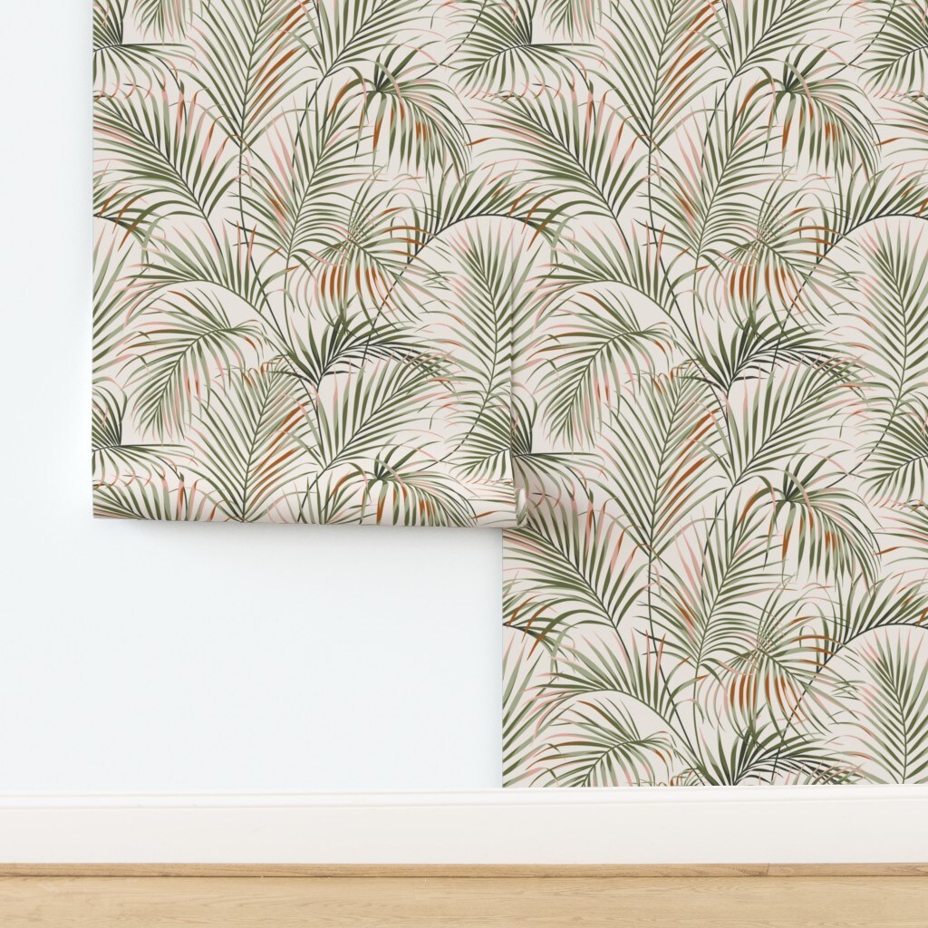 Botanical Leaves Green Pink Palm Tropical Boho Plants Custom Removable Wallpaper by Spoonflower Peel & Stick Wallpaper 2FT Wide