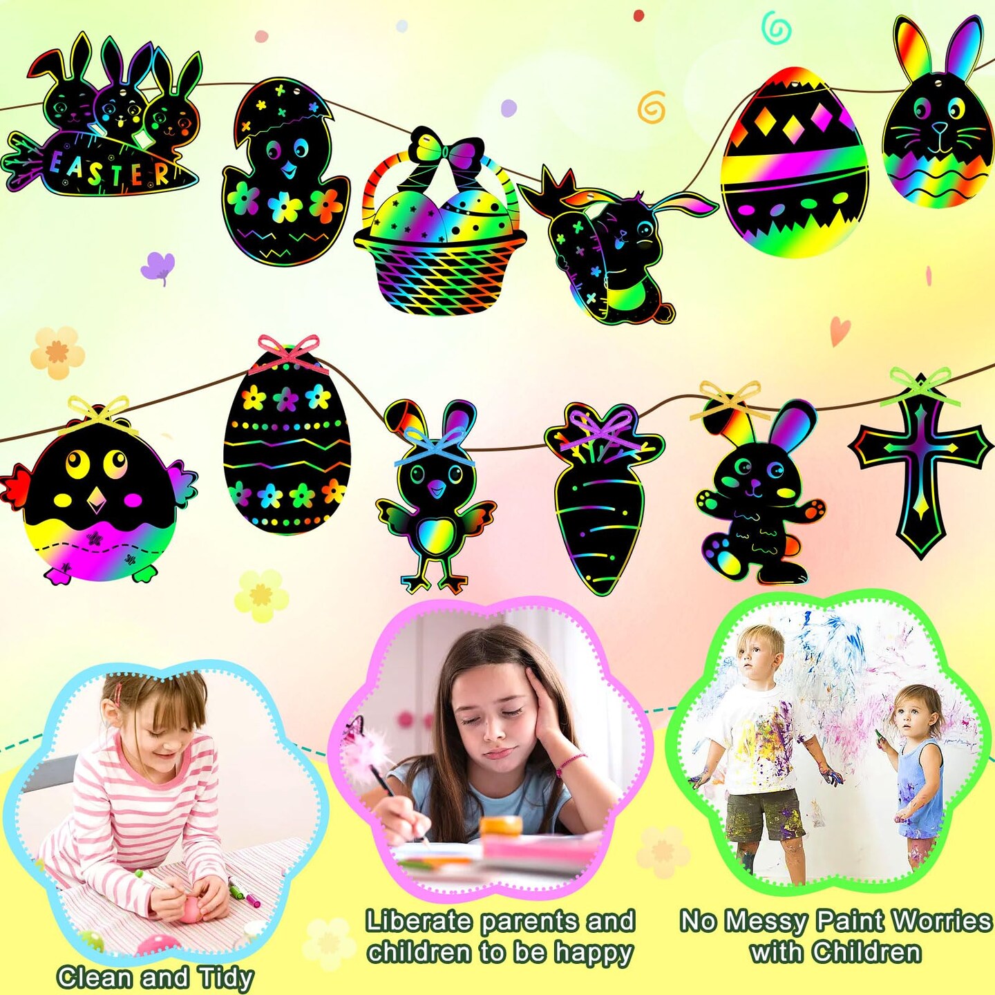 Easter Crafts for Kids, 36 Pack Magic Rainbow Scratch Paper Kit Cute Bunny Scratch Art for Kids Easter Party Favors Gifts Egg Basket Stuffers