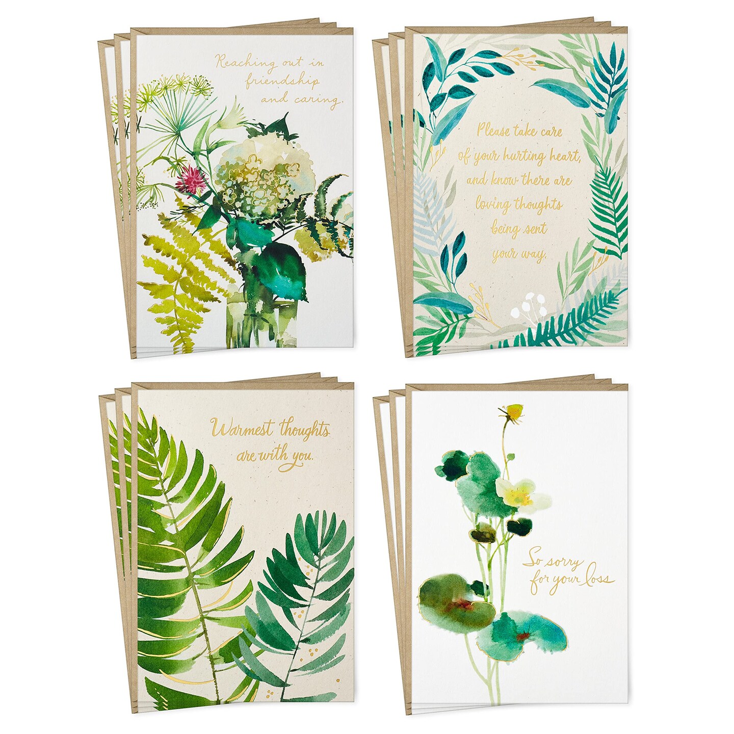 Sympathy Cards Assortment, Watercolor Greenery (12 Assorted Thinking of You Cards with Envelopes)