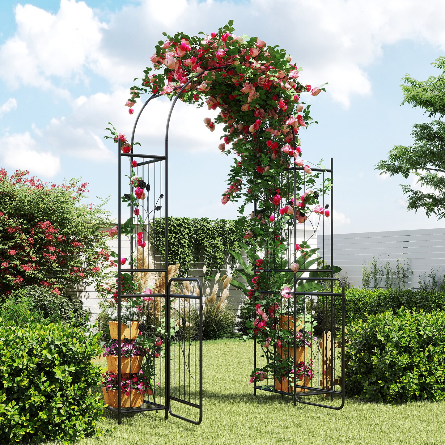 87" Metal Garden Arbor Arch with Gate Planters and Climbing Trellis