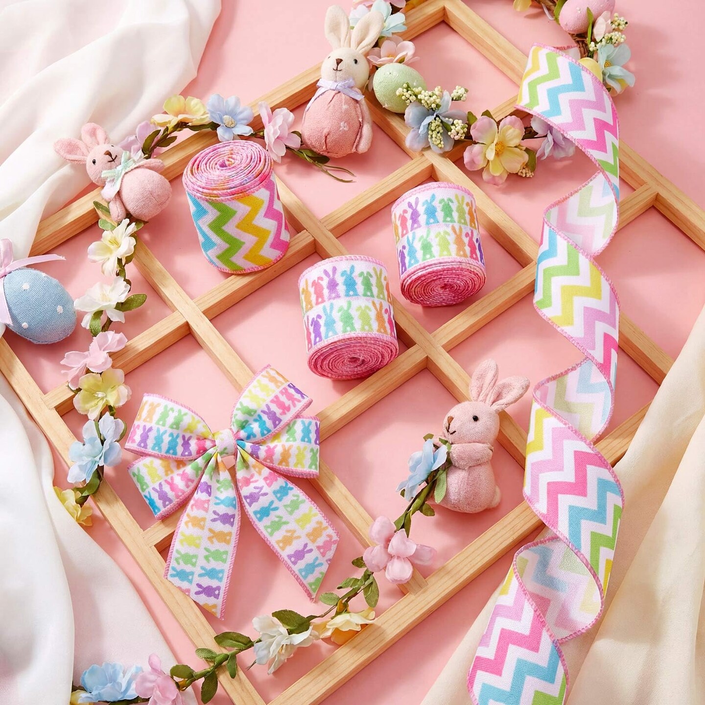 6 Rolls 30 Yards Easter Wired Ribbons Edge Pastel Easter Egg Bunny Rabbit Plaid Dots Fabric Burlap Ribbons for Spring Holiday Decorations Gift Wrapping Wreath Bows DIY Crafts Making, 2 Inch