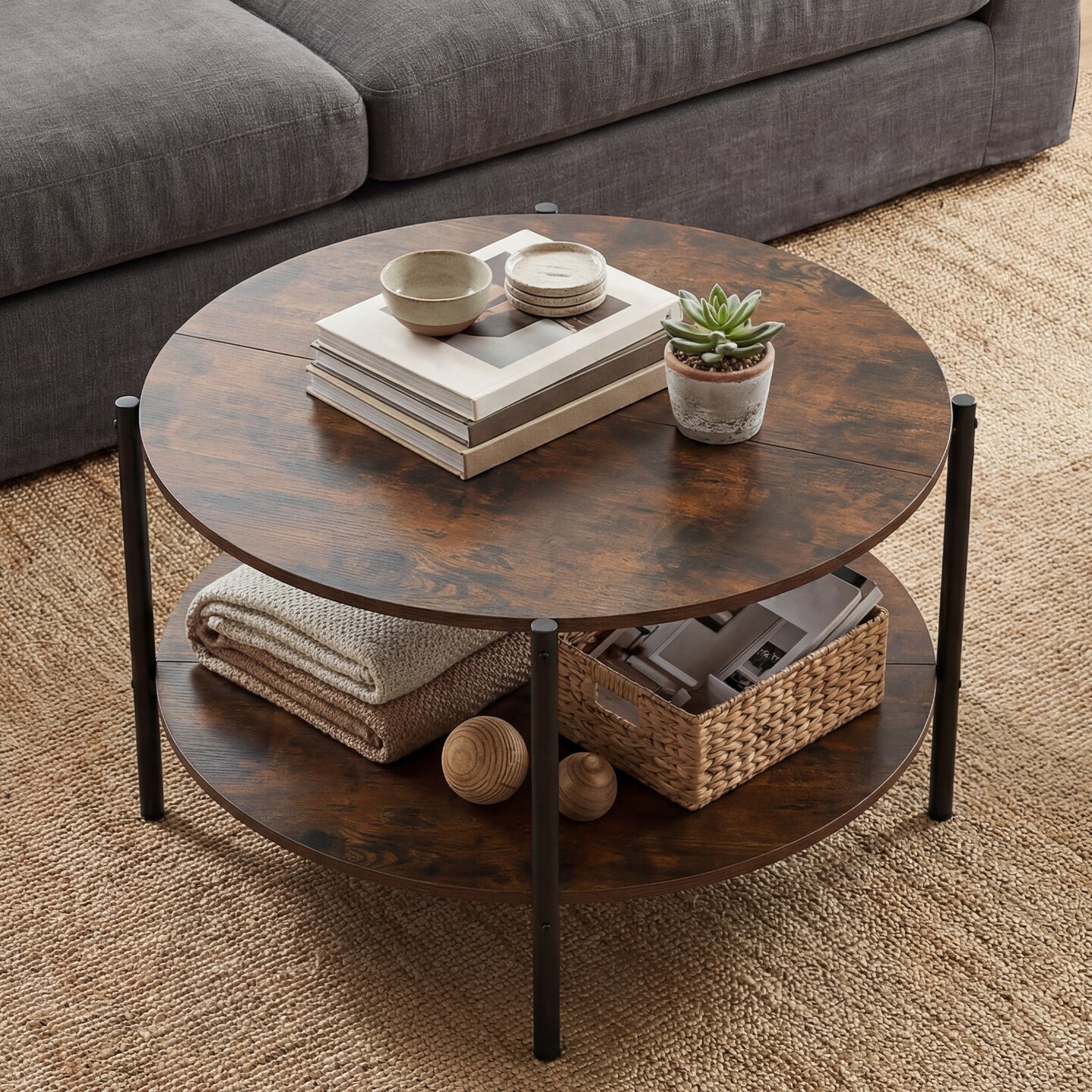 Rustic Brown Industrial Round Coffee Table 2-Tier Storage Accent Table