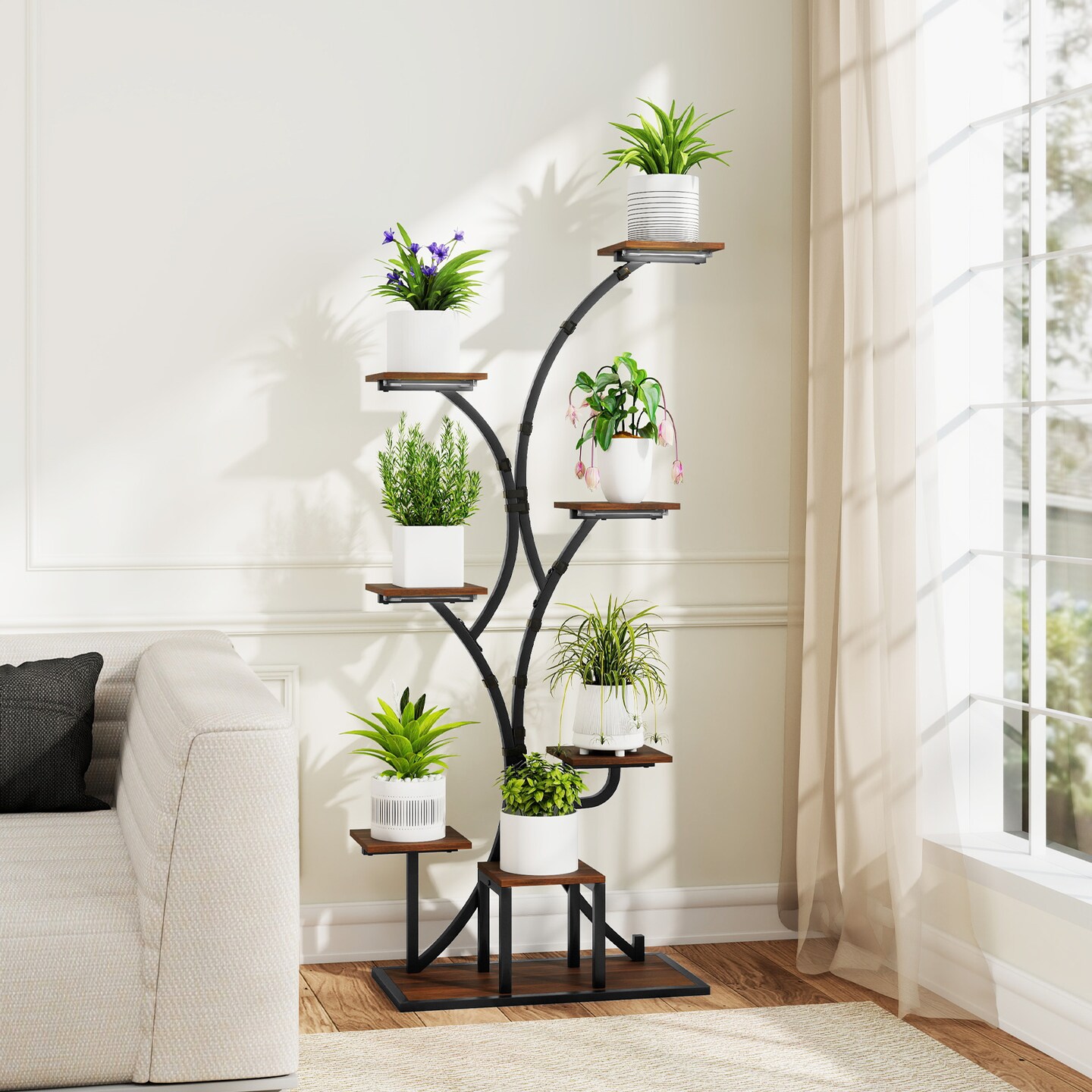 Brown - Black Corner Plant Stand with Grow Lights Tall Metal Rack