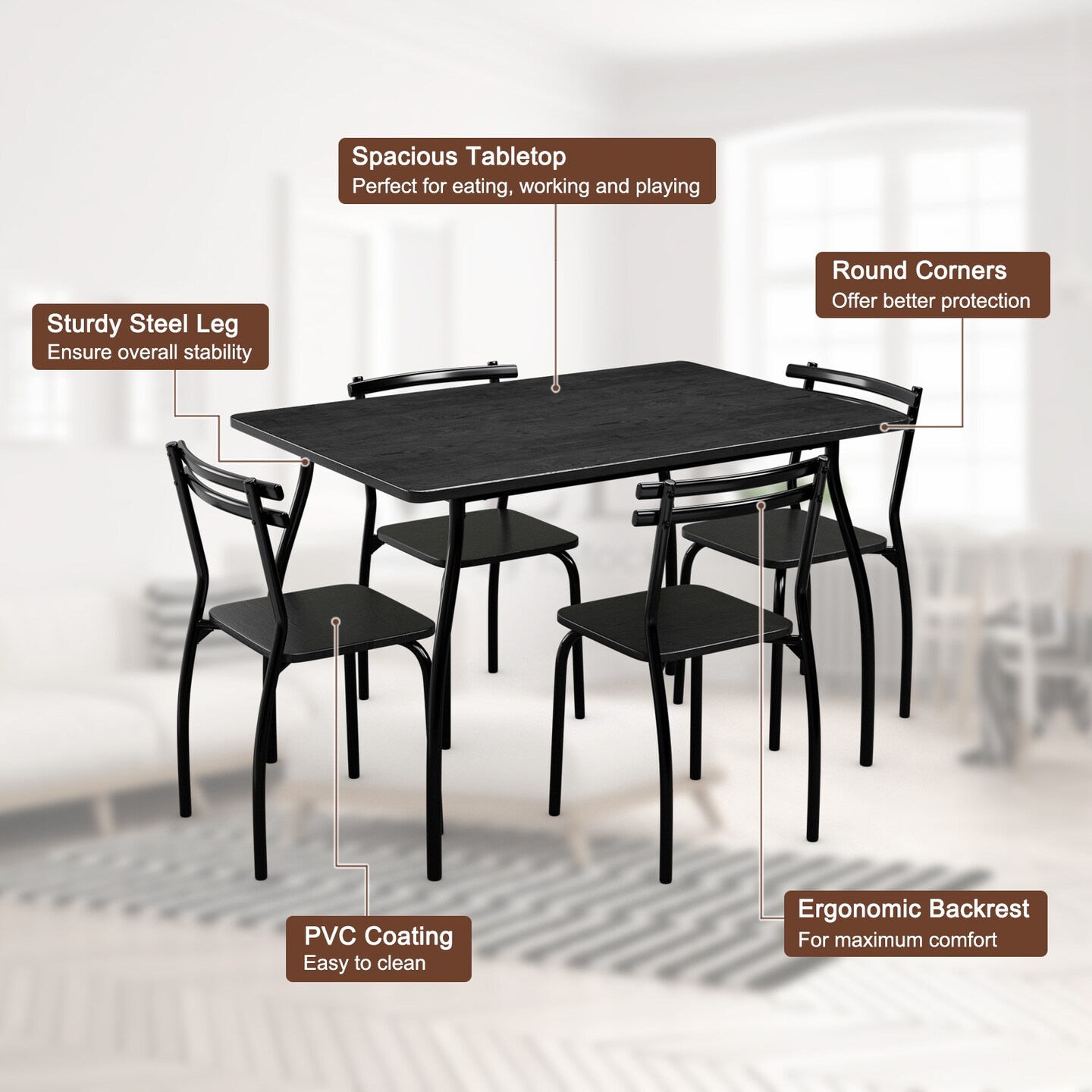 Black MDF Steel 5-Piece Dining Set with 4 Chairs Modern Kitchen Table