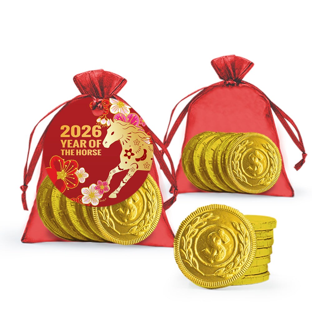 24 Pack Lucky Money Organza Bags Filled With Gold Chocolate Emperor Coins (5 Coins Per Bag) - Lunar New Year Celebration Favors For Wealth & Success (Year Of The Horse)