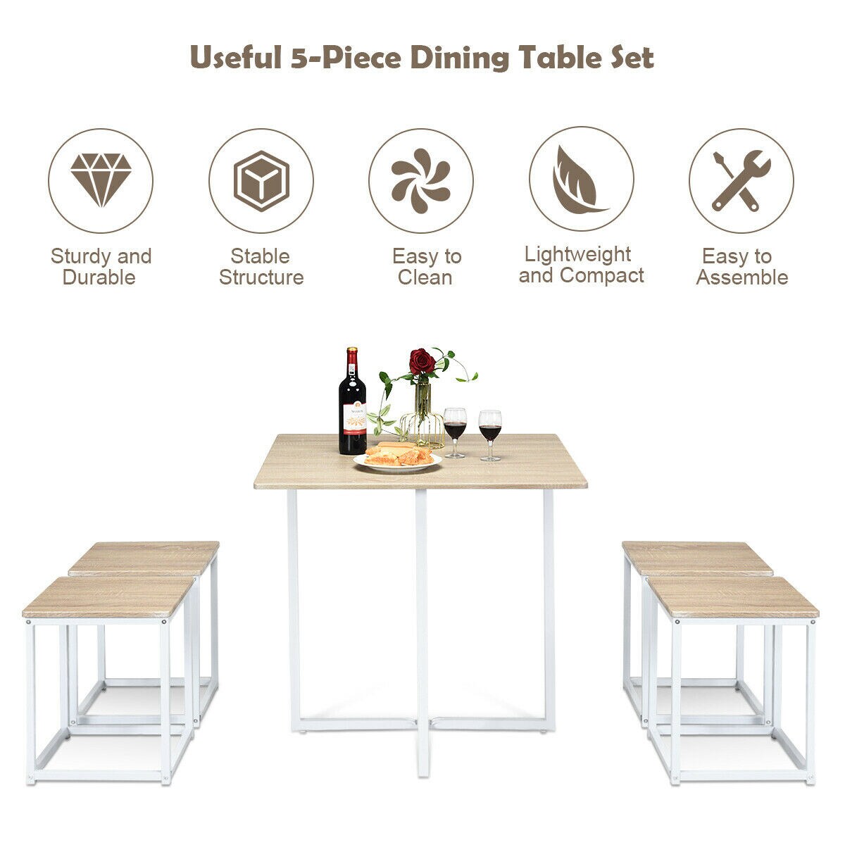 Beige-White MDF Iron 5-Piece Dining Set with Table and 4 Stools
