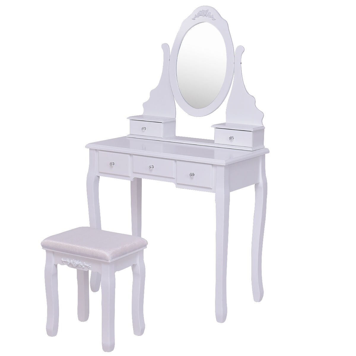 Wooden Vanity Set with 360 Degree Rotating Oval Mirror and Cushioned Stool