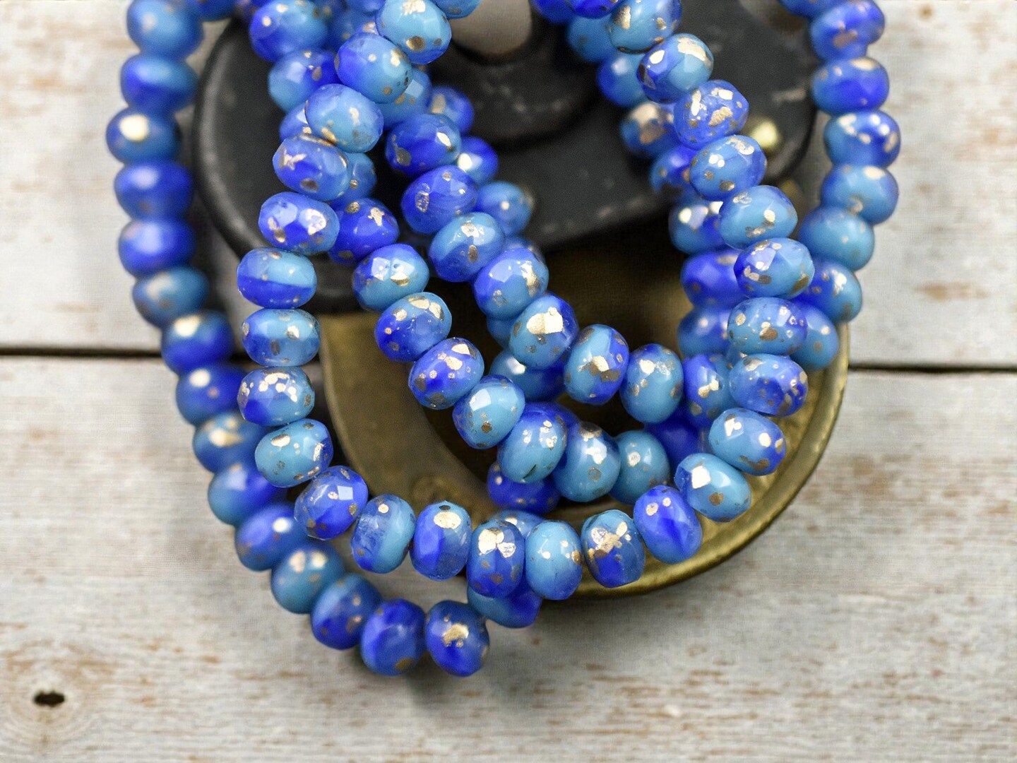 *30* 3x5mm Antique Gold Washed Blended Turquoise & Royal Blue Silk Fire Polished Rondelle Beads