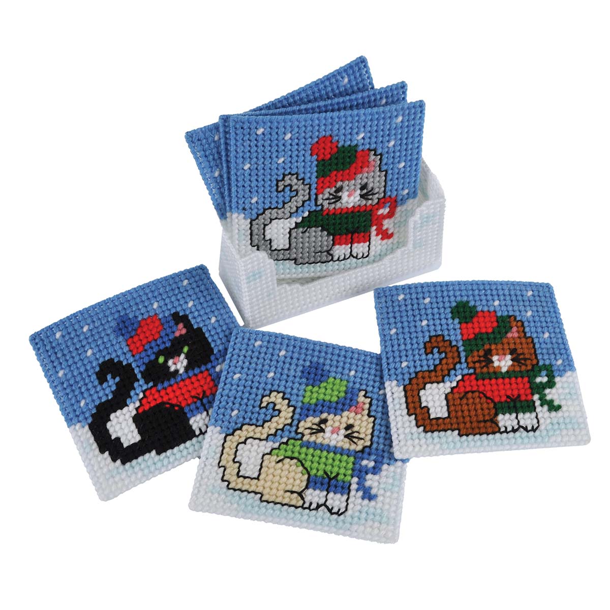 Herrschners Meowy Christmas Coasters with Holder Plastic Canvas Kit