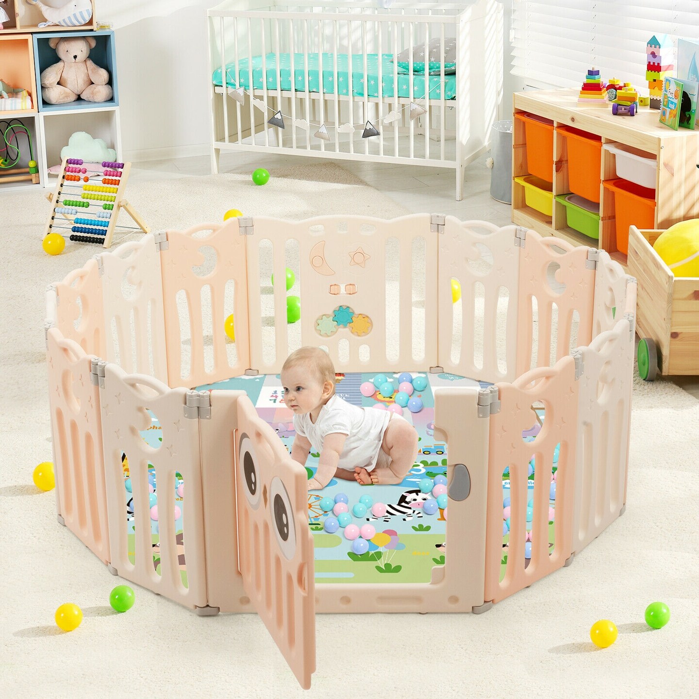 14-Panel Kids Foldable Activity Center Playpen with Lockable Door and Non-Slip Foot Mat