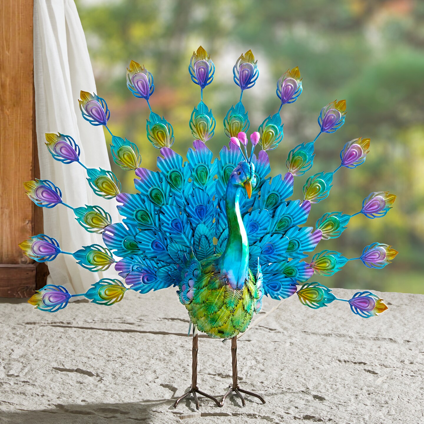 Set of 2 28.75"W Metal Peacock Tail Spread Garden Statue with Stakes (KD)Metal Thickness: 0.3mm