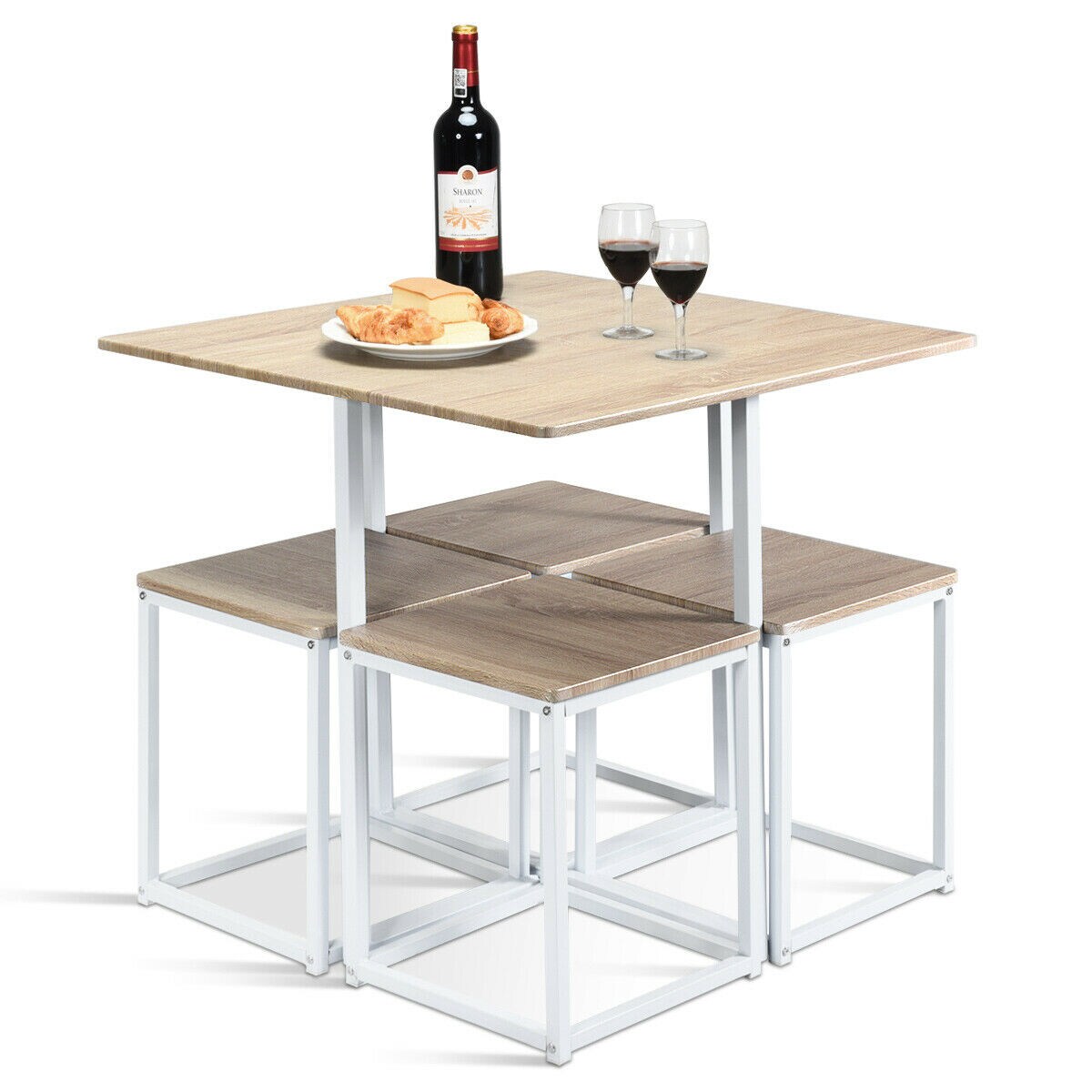 Beige-White MDF Iron 5-Piece Dining Set with Table and 4 Stools