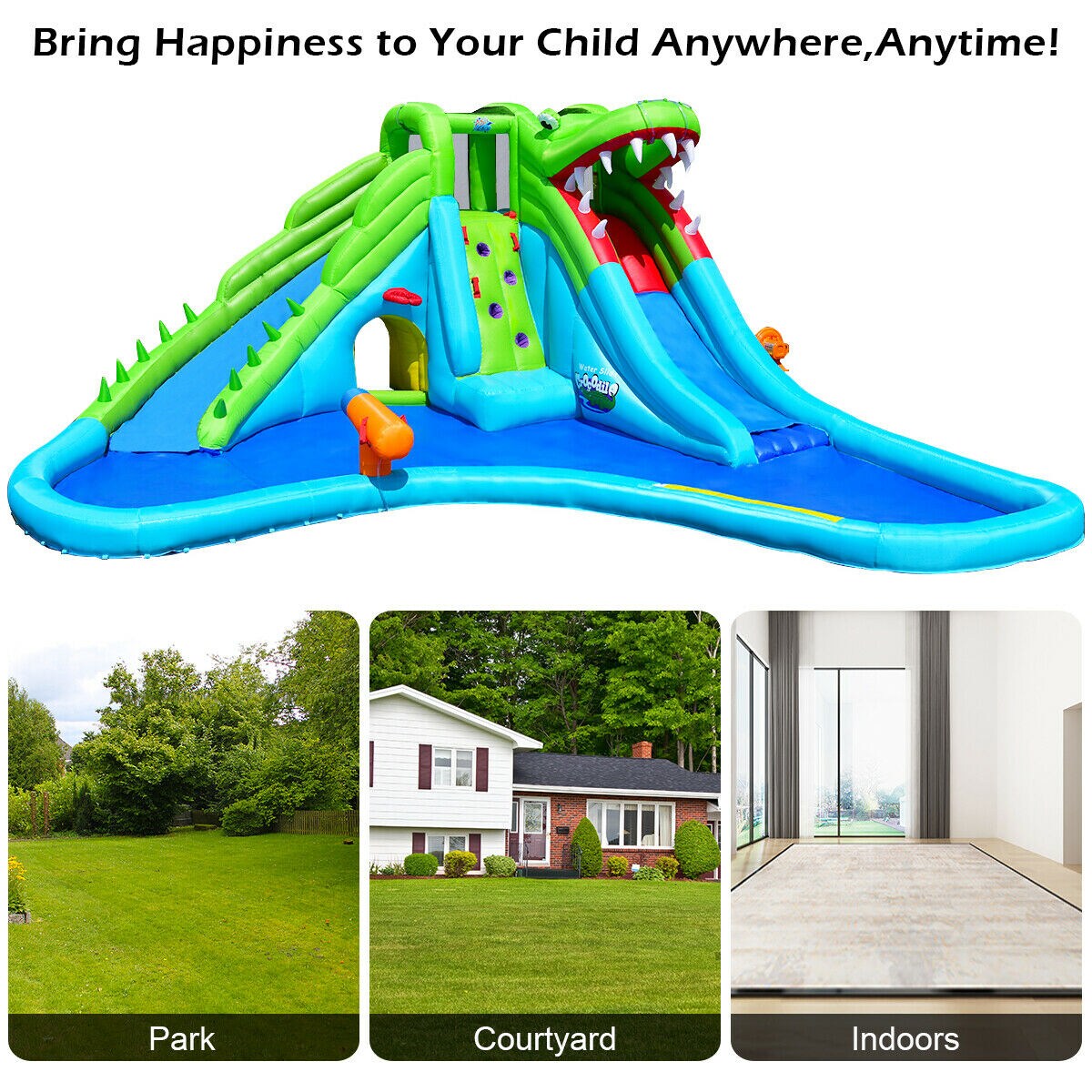 Crocodile-Themed Inflatable Water Slide and Bounce House with Climbing Wall