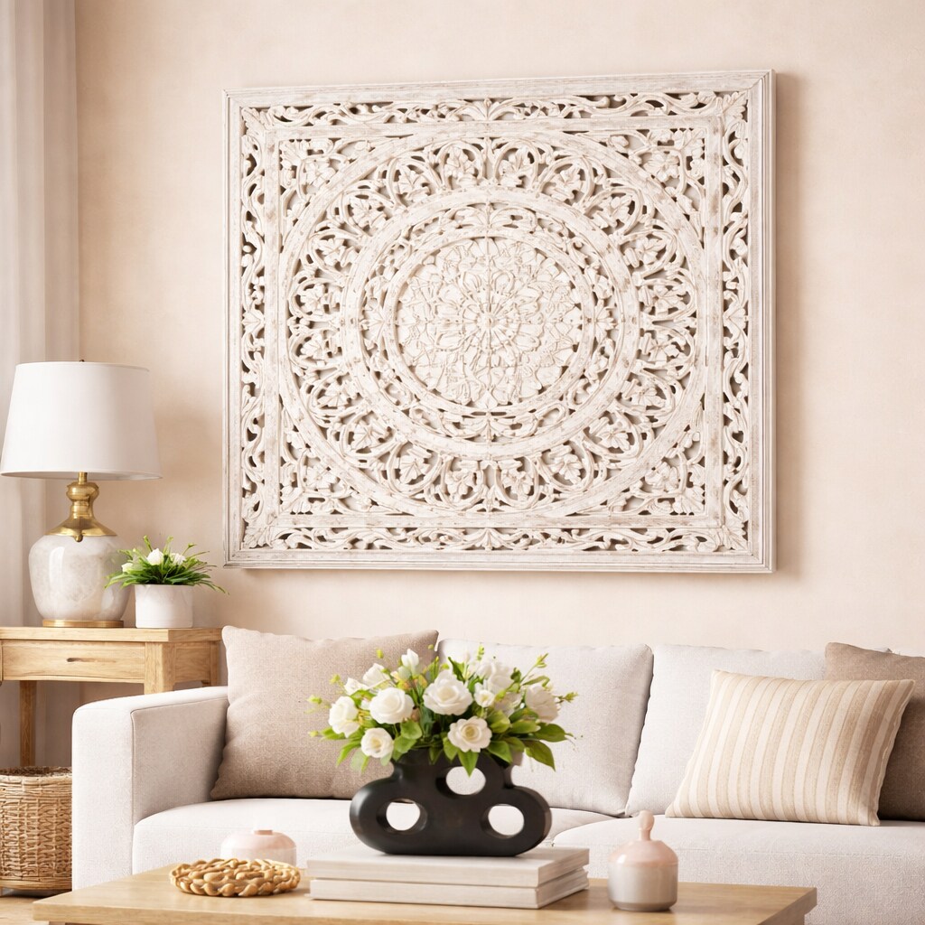 Hand-Carved Mandala Wall Art – 36" x 36" Wooden Decorative Wall Panel