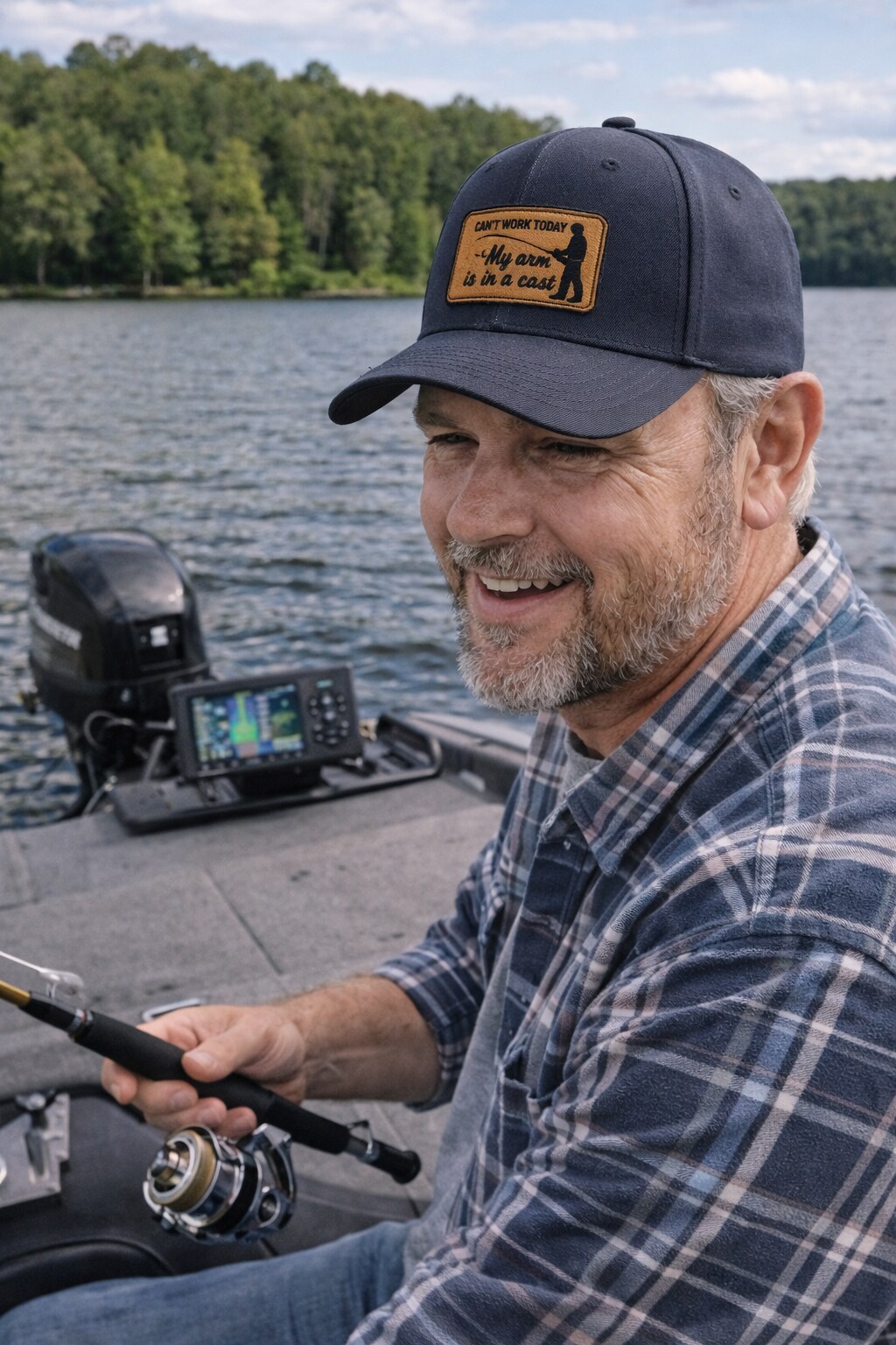 Funny Fishing Leatherette Patch, “Can’t Work Today – My Arm Is in a Cast”, Iron-On Patch, 2 inch x 3 inch